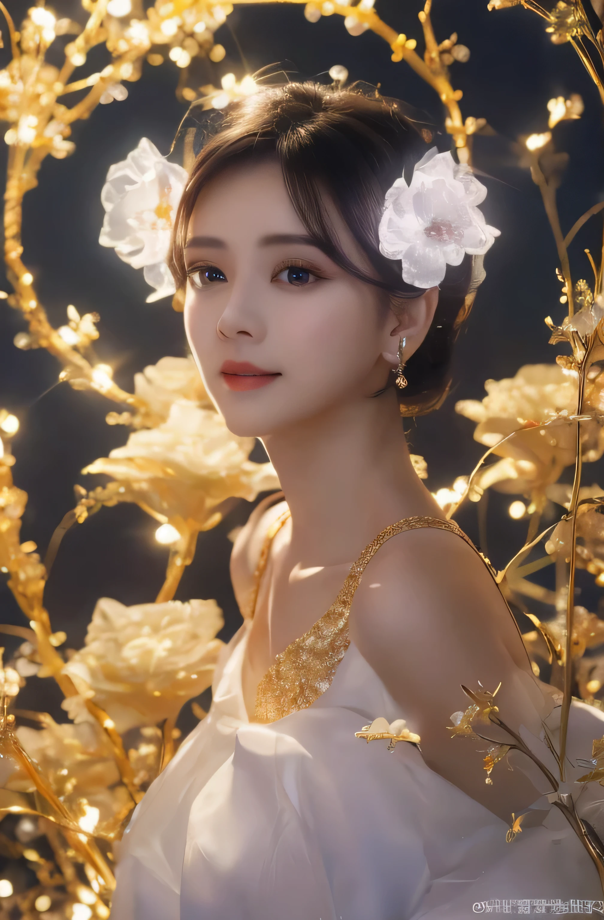 castle in the distance、face is in front、look at the camera、profile、8K、real photos、ultra high resolution, master parts, highest quality, ticker , cinematic images,nice girl、Ann、16 only、Annグロサクソン、double eyelid、droopy eyes、very big eyes、eyes are purple、dark eye shadow、lips are very thin、The tip of your nose grows beautifully...........................................、small nose,,,,, very detailed , silver hair、straight short hair、smile、 sweet expression 、)、very clear shadows , jewelry , fine eyes, Very difficult, shiny skin , パーフェクトブリリAnnト, perfect sentence, dramatic shadow、white tiara on head、Gold necklace around the neck、White aristocratic dress with gold embroidery、glass high heels、angel wings