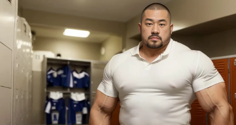 (angry:1.4), (rugby uniform:1.4), (at club locker room:1.4), Japanese man, Chinese man, Korean man, Taiwanese man, manly face, fat face, (round face:1.4), (monolid eyes:1.2), (buzz cut:1.4), very large and strong body, bulky body, beefy muscles, (bulging muscles:1.4), (very large pectoral muscles:1.4), (muscular arms:1.4), muscular abs, muscular legs, muscular back, brightens oily skin, master piece, (realistic:1.4), panorama, distant view