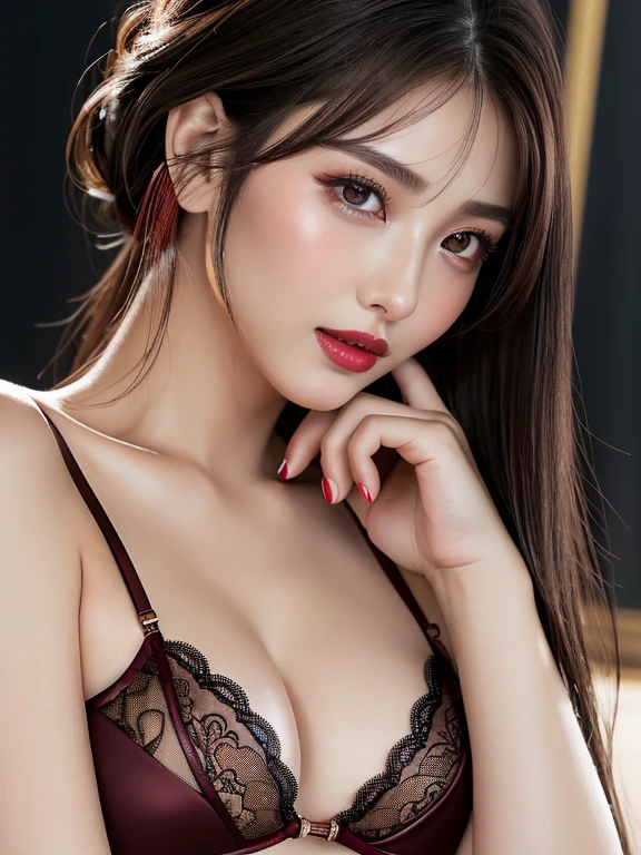 (highest quality、table top、8K、best image quality、Award-winning work)、(one young girl, 14 years old:1.3)、(red eyeshadow:1.2)、perfect makeup、long eyelashes、Super high-definition sparkling eyes、ultra high definition hair、ultra high resolution glossy lips、Super high resolution perfect teeth、Super high resolution cute face、brown hair、(very long straight hair:1.1)、look at me and smile、[clavicle]、accurate anatomy、(close up of face:1.5)、Luxury love hotel、(The most moody warm lighting:1.2)、blurred background、Super high-resolution glossy and moisturized face、Super high resolution glowing skin、most detailed face、Ultra high resolution detailed faces、ultra high resolution hair、Super high resolution sparkling eyes、Beautiful face drawn in every detail、Super high resolution glossy red lips、(((luxury lingerie 1.5)))、(ponytail 1.5)))、(((Garter belt 1.2))、(((Full body photo 1.5)))、