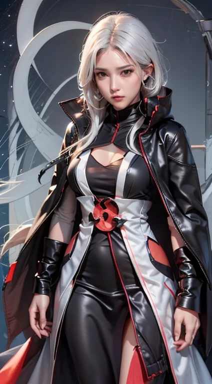 photorealistic, high resolution, 1women, mature female, solo, hips up, AKATSUKI OUTFIT, black cloak, black coat, white hair, sharingan eyes, overcoat, red eyes