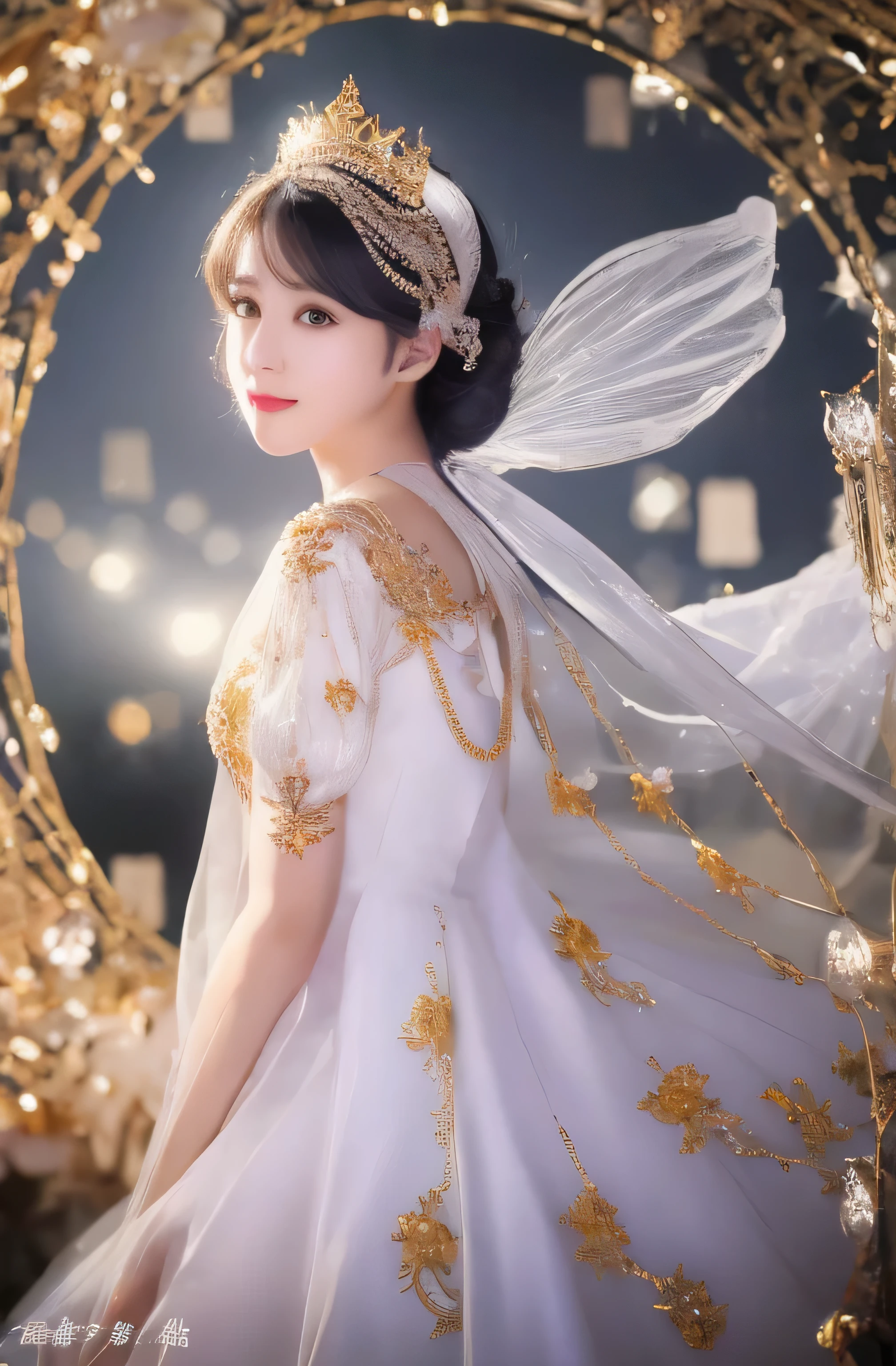 A castle in the distance、face is in front、look at the camera、profile、8K、real photos、ultra high resolution, master parts, highest quality, ticker , cinematic images,A lovely girl、Ann、 only、ann gross saxon、double eyelid、droopy eyes、very big eyes、eyes are purple、dark eye shadow、lips are very thin、The tip of your nose grows beautifully.................、small nose,,,,, very detailed , silver hair、straight short hair、smile、 sweet expression 、very beautiful woman、long legs、 very clear shadows , jewelry , sexy , fine eyes, Very difficult, shiny skin , perfect brilliant ann, perfect sentence, dramatic shadow、white tiara on head、gold necklace around neck、White aristocratic dress with gold embroidery、glass high heels、White Wings of an Angel