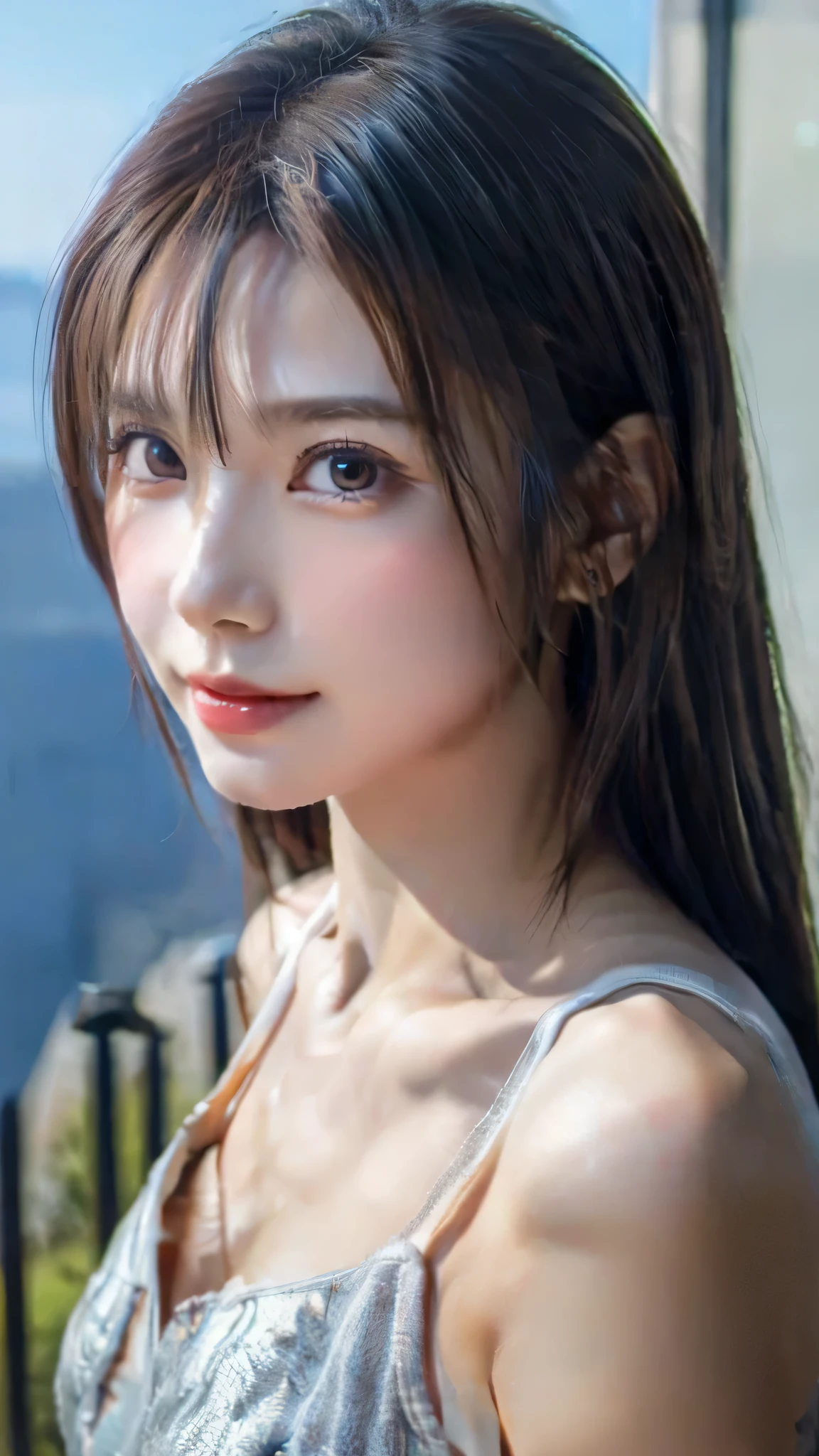 8K、ultra high resolution、realistic、Raw photo, highest quality, masterpiece:1.2、(realistic, photo-realistic:1.37),high contrast, table top, Pull the camera、half body image、elevation angle、(((look at the camera)))、 very beautiful and nice、18 year old model girl alone、Eye-catching beauty、Beauty that draws you in、