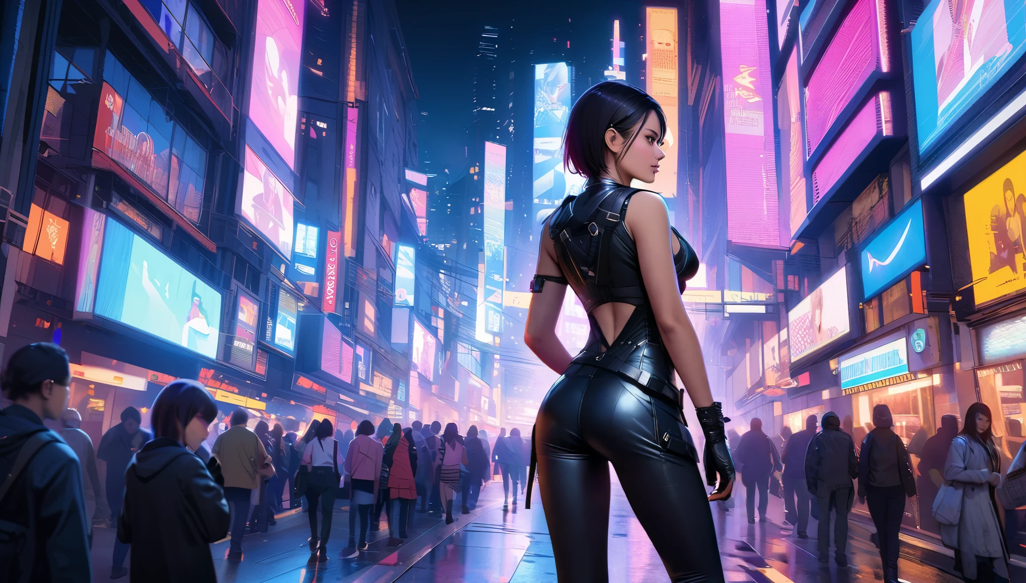 (Wide angle view). Matrix film inspired 1930s New York city, simple outlined neon tall buildings, glowing giant clock tower, cars, lightning, 3D rendering Beeple, Matrix-like glowing cascading code. At night, (1girl, solo, alone), photorealistic, medium-breast slim:0.6 body, oval:0.5 face, cleavage:1.1, sexy costume with deep-v, very low angle view of pleated miniskirt, white laced panty, ((upskirt)), glove, (Matrix style black micro sunglasses), ((aiming viewer with a short gun)), (half-body thigh level close-up shot), cinematic lighting, ray tracing.