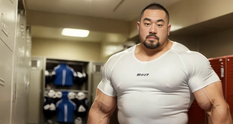 (glaring:1.4), (wrestling uniform:1.5), (at club locker room:1.4), Japanese man, Chinese man, Korean man, Taiwanese man, manly face, fat face, (round face:1.4), (monolid eyes:1.2), (buzz cut:1.4), very large and strong body, bulky body, beefy muscles, (bulging muscles:1.4), (very large pectoral muscles:1.4), (muscular arms:1.4), muscular abs, muscular legs, muscular back, brightens oily skin, master piece, (realistic:1.4), panorama, distant view