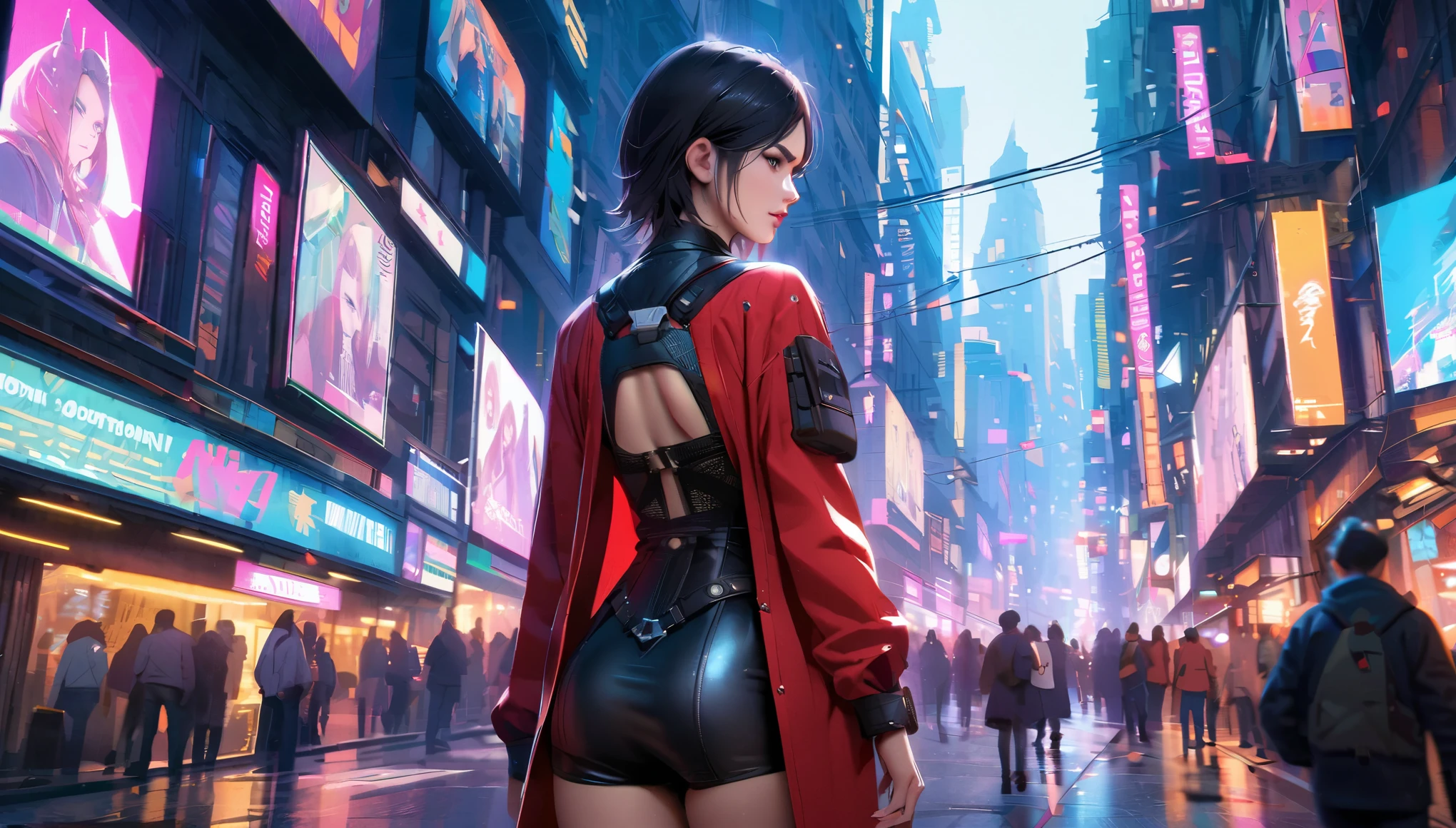 A realistic photo of Lady Sif in the Cyberpunk world, (full body shot), (ohwx woman), (Jaimie Alexander), She wear traditional Norse viking armor and outfit but in the cyberpunk style, she has a sword pinned on her back, She has several high-tech implants visible on her hands, , Lady Sif is a proud warrior and she should look like one, the portrait has a immersive and dynamic background of futuristic city, crowded streets, skyscrapers, neons and holographic banners, she walk down the street, People are looking back at it,