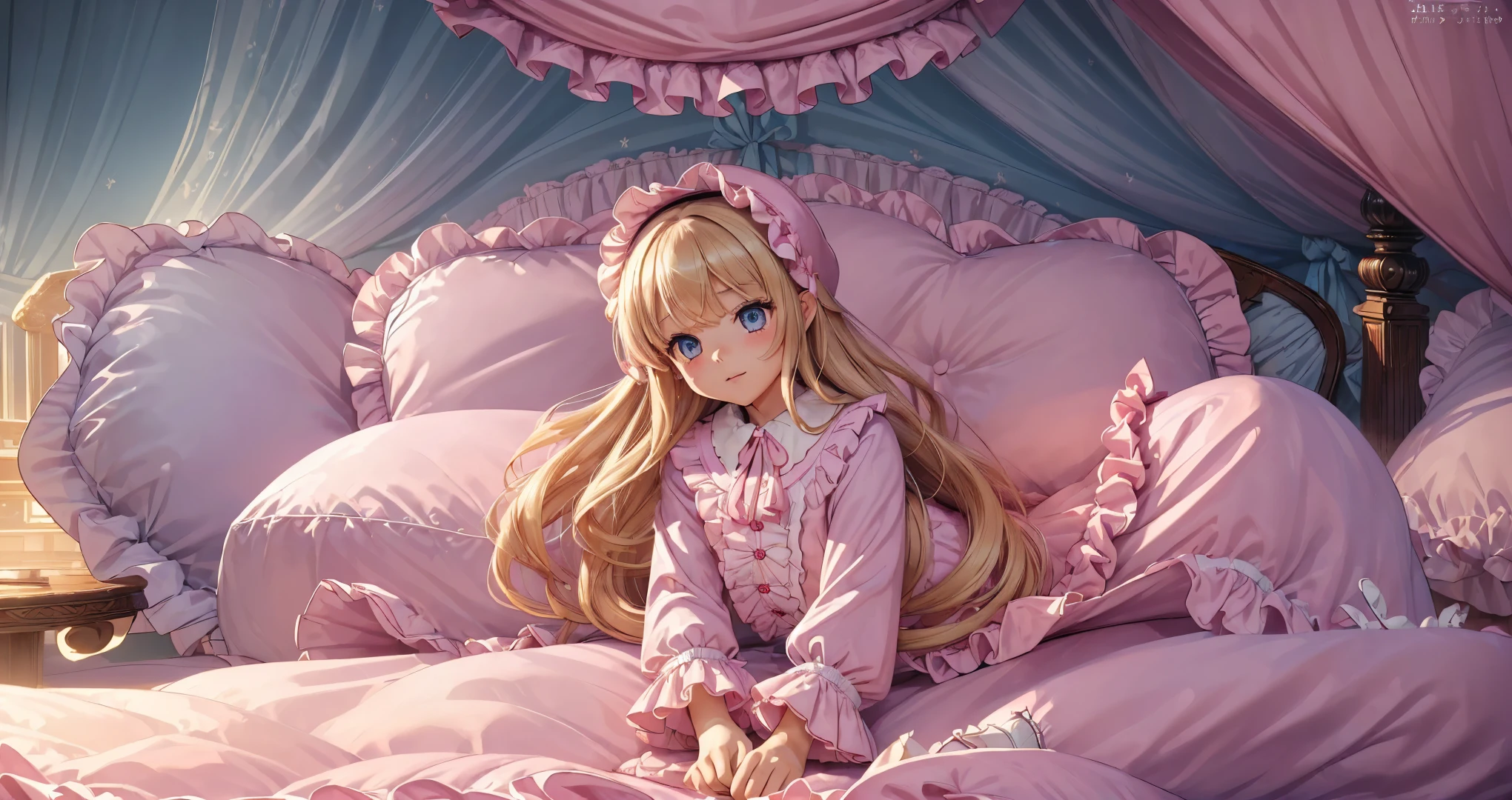 ,highest quality, masterpiece, highest resolution, artwork, super それにget used to it, many get used to it, get used to it, それにget used to it, 3K anime illustration,((  girl)),Super detailed baby face,hty small face,blue eyes,白い肌のeuropean,pajamas, european,(((super long blonde hair))),curly hair,blue eyes,((((ピンクのロリータファッションのlong skirtのワンピースドレス)))),((Pink nightgown with lots of frills and ribbons),((Luxurious nightcap with frills and ribbons)),detailed headdress,,(((big yoke collar))),Yoke collar with ruffles and ribbons,((((long sleeve)))),ruffle sleeves,((((long skirt)))),white ruffle and lace socks,large frill and ribbon pillow,(((Nice pink outfit))),豪華なcanopy bedの上,canopy bed,The bed is surrounded by luxurious curtains,many frilly pillows on the bed,There are many frilly pillows behind the girl.,super detailed background,detailed bed,soft pink comforter,Highly detailed soft ruffle pillow,Beautiful girl illustration,detailed beautiful face,thin hair,detailed eye ,detailed eyes,detailed mouth, arm details,fine hands,Detailed pillow,wide bed,Illustration on the bed, ,((((round futon)))),((((A large ruffled futon that covers the entire bed)))),detailed comforter,detailed bedシーツ,Before bedtime,romantic atmosphere,palace bedroom,((((The lower half of the body is hidden under the futon and the puffy skirt........)))) The girl is leaning on a pile of pillows, ,((((round futon)))),((((A large ruffled futon that covers the entire bed)))),((((not wearing shoes)))),