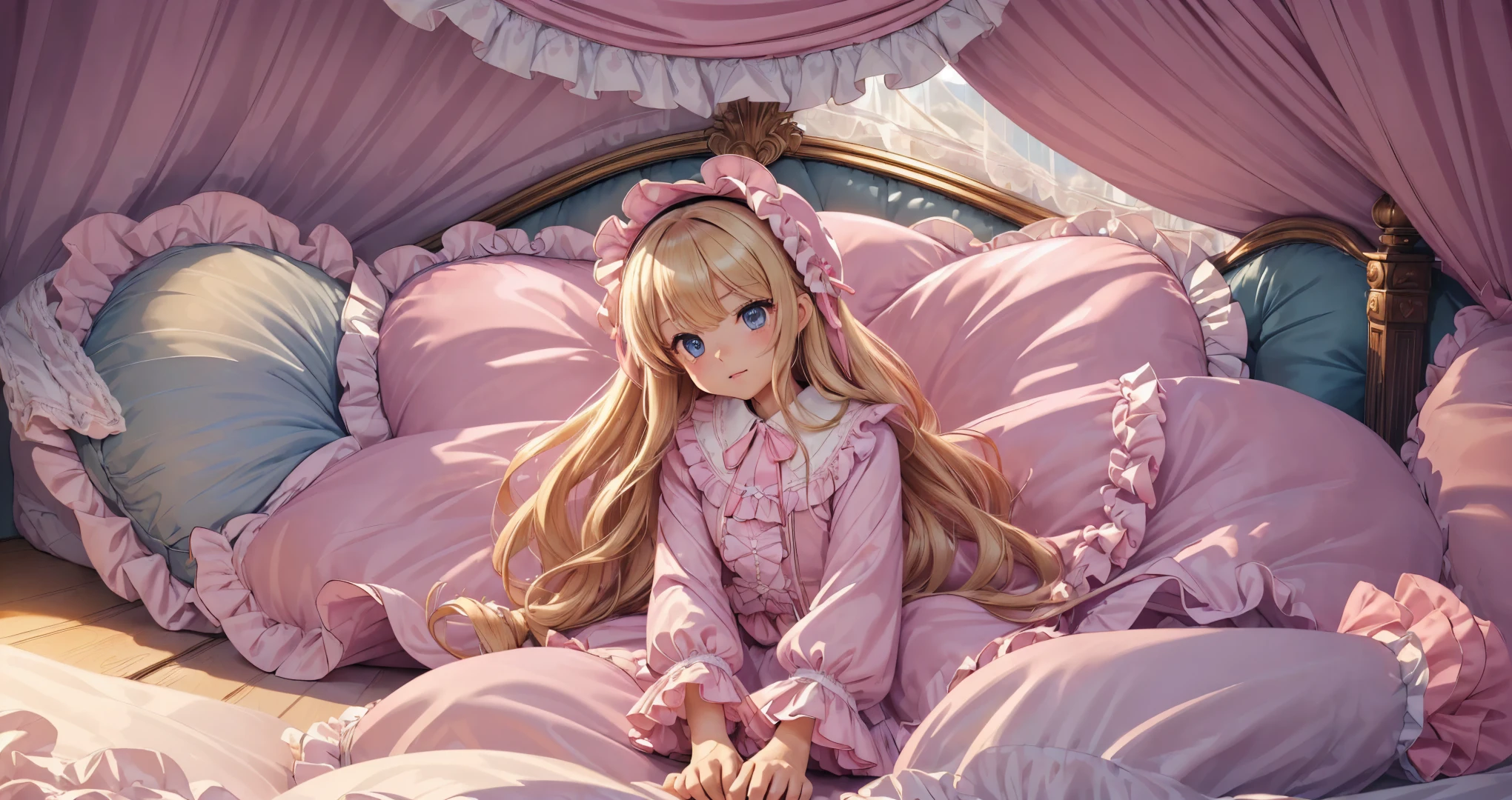 ,highest quality, masterpiece, highest resolution, artwork, super それにget used to it, many get used to it, get used to it, それにget used to it, 3K anime illustration,(( girl)),Super detailed baby face,hty small face,blue eyes,白い肌のeuropean,pajamas, european,(((super long blonde hair))),curly hair,blue eyes,((((ピンクのロリータファッションのlong skirtのワンピースドレス)))),((Pink nightgown with lots of frills and ribbons),((Luxurious nightcap with frills and ribbons)),detailed headdress,,(((big yoke collar))),Yoke collar with ruffles and ribbons,((((long sleeve)))),ruffle sleeves,((((long skirt)))),white ruffle and lace socks,large frill and ribbon pillow,(((Nice pink outfit))),豪華なcanopy bedの上,canopy bed,The bed is surrounded by luxurious curtains,many frilly pillows on the bed,There are many frilly pillows behind the girl.,super detailed background,detailed bed,soft pink comforter,Highly detailed soft ruffle pillow,Beautiful girl illustration,detailed beautiful face,thin hair,detailed eye ,detailed eyes,detailed mouth, arm details,fine hands,Detailed pillow,wide bed,Illustration on the bed, ,((((round futon)))),((((A large ruffled futon that covers the entire bed)))),detailed comforter,detailed bedシーツ,Before bedtime,romantic atmosphere,palace bedroom,((((The lower half of the body is hidden under the futon and the puffy skirt........)))) The girl is leaning on a pile of pillows, ,((((round futon)))),((((A large ruffled futon that covers the entire bed)))),((((not wearing shoes)))),