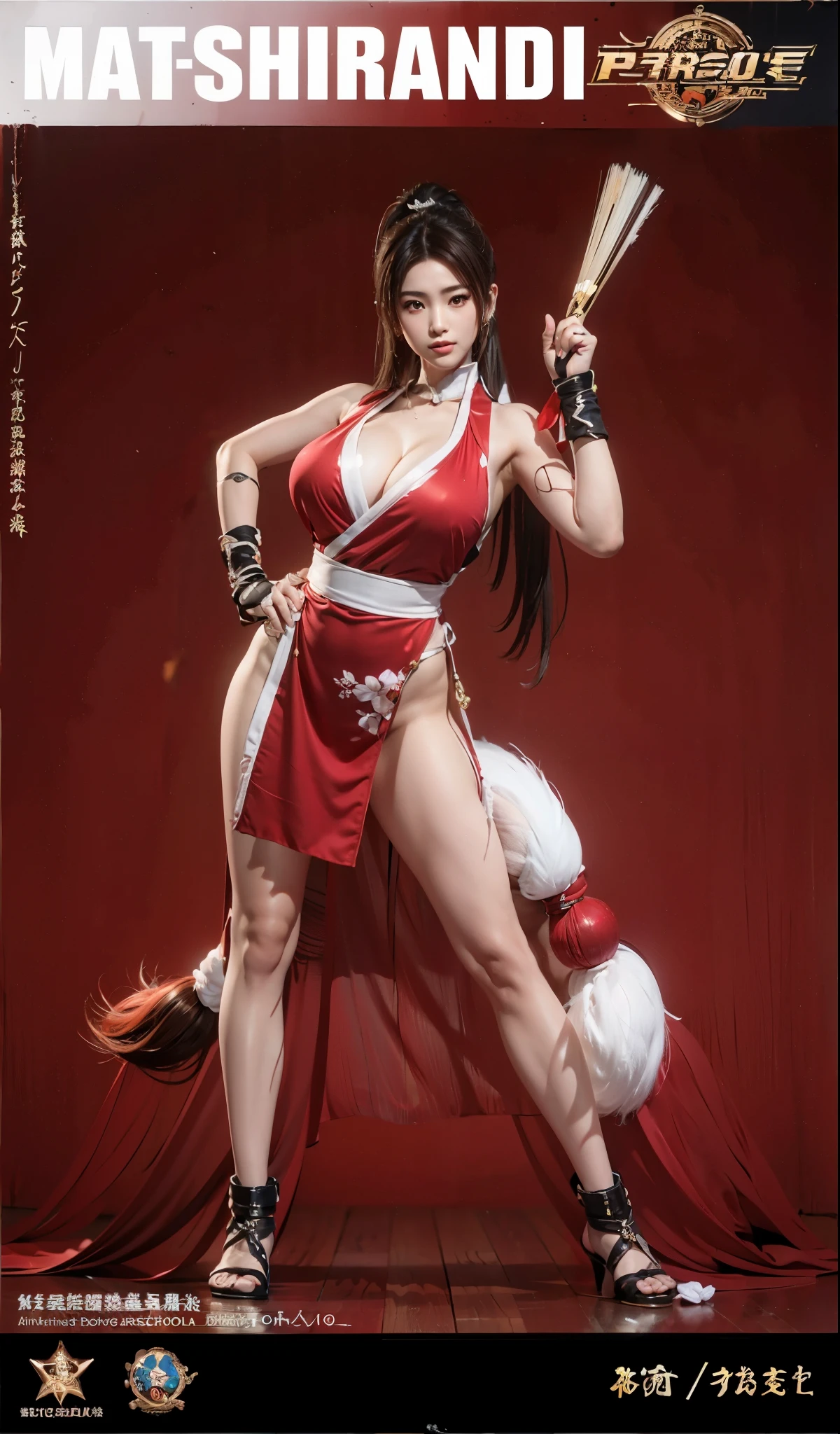 (((full body portrait，big breasts，perfect hands，Finger details)))Mai Shiranui，Wearing a tight-fitting battle suit，Distinctive features；The picture combines modern and Japanese traditional art styles，Demonstrate mystery and power；Stunning visual effects，Contrasting colors，Mainly red and black，Passion and coldness intertwined；The picture is extremely sharp，The details are meticulous，High-quality；Clever light handling，Create a dramatic atmosphere；Master of brushstrokes，Impeccable professionalism，An unforgettable work of art。