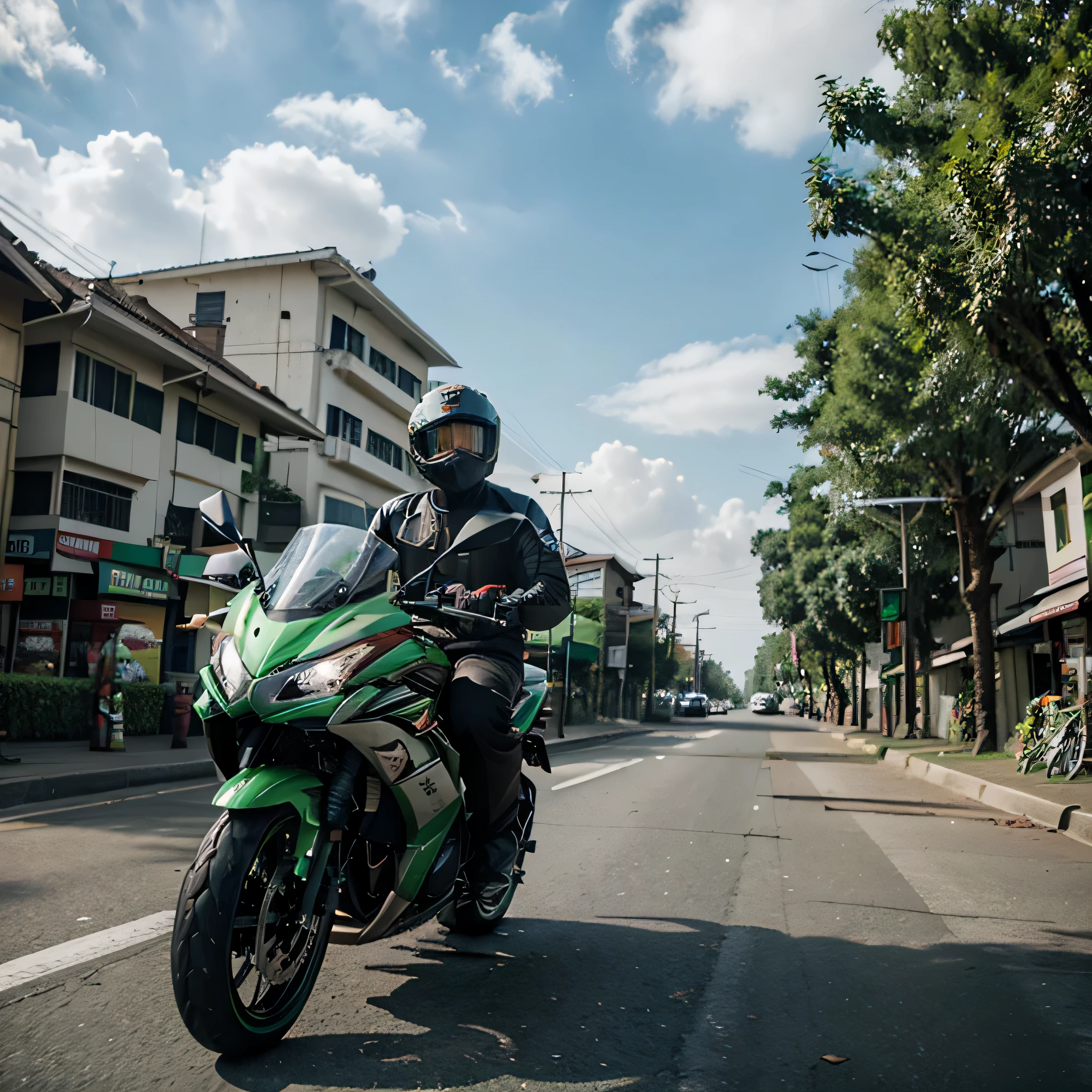 Indonesian man riding a Kawasaki Ninja motorbike