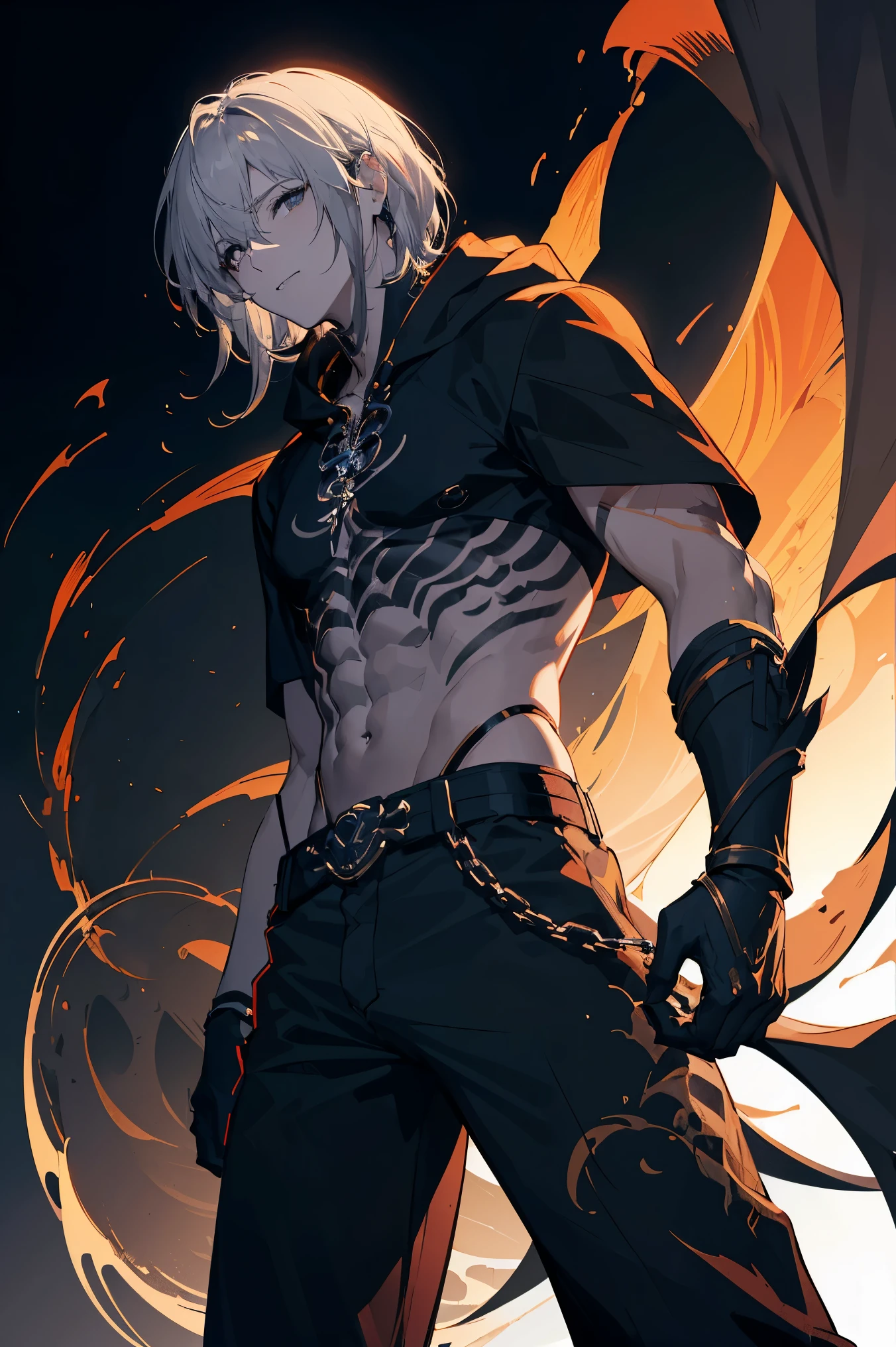 Ultra Detailed, 1boy, Official Art, Unity 8k Wallpaper, fanart, commissioned art, professional artist, digital art, alluring, face, ((flat color)), ((celshade)), black shirt, black hoodie, black eyes, black long pants, black gloves, blue background, Buff guy, short hair, silver chains everywhere.