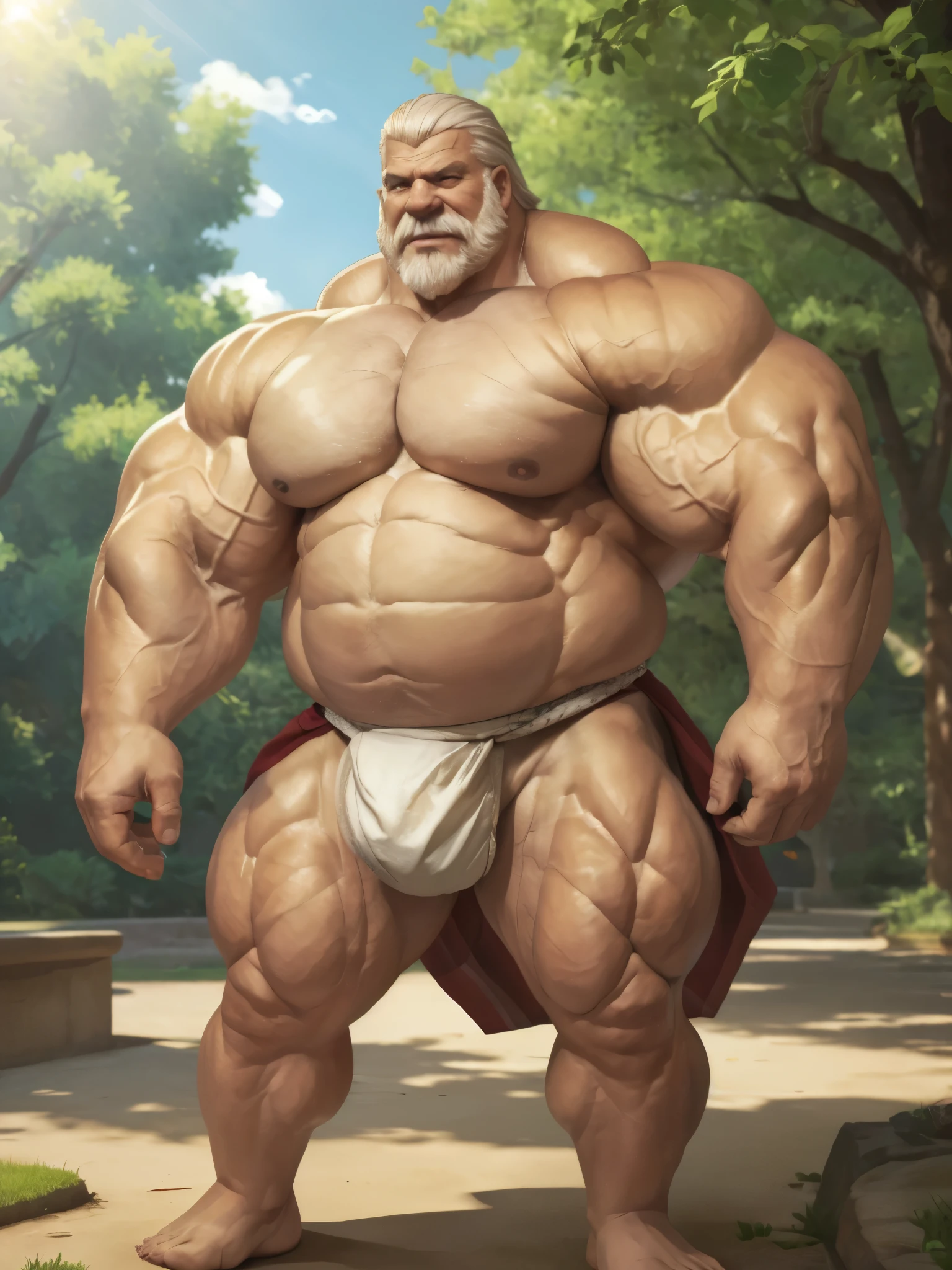 (best quality,4k,8k,highres,masterpiece:1.2),ultra-detailed,(realistic,photorealistic,photo-realistic:1.37),((massive muscular)) ((huge Muscular)) chubby old man standing in park, wearing fundoshi, white hair, fundoshi, super thick arms, super big pectoral