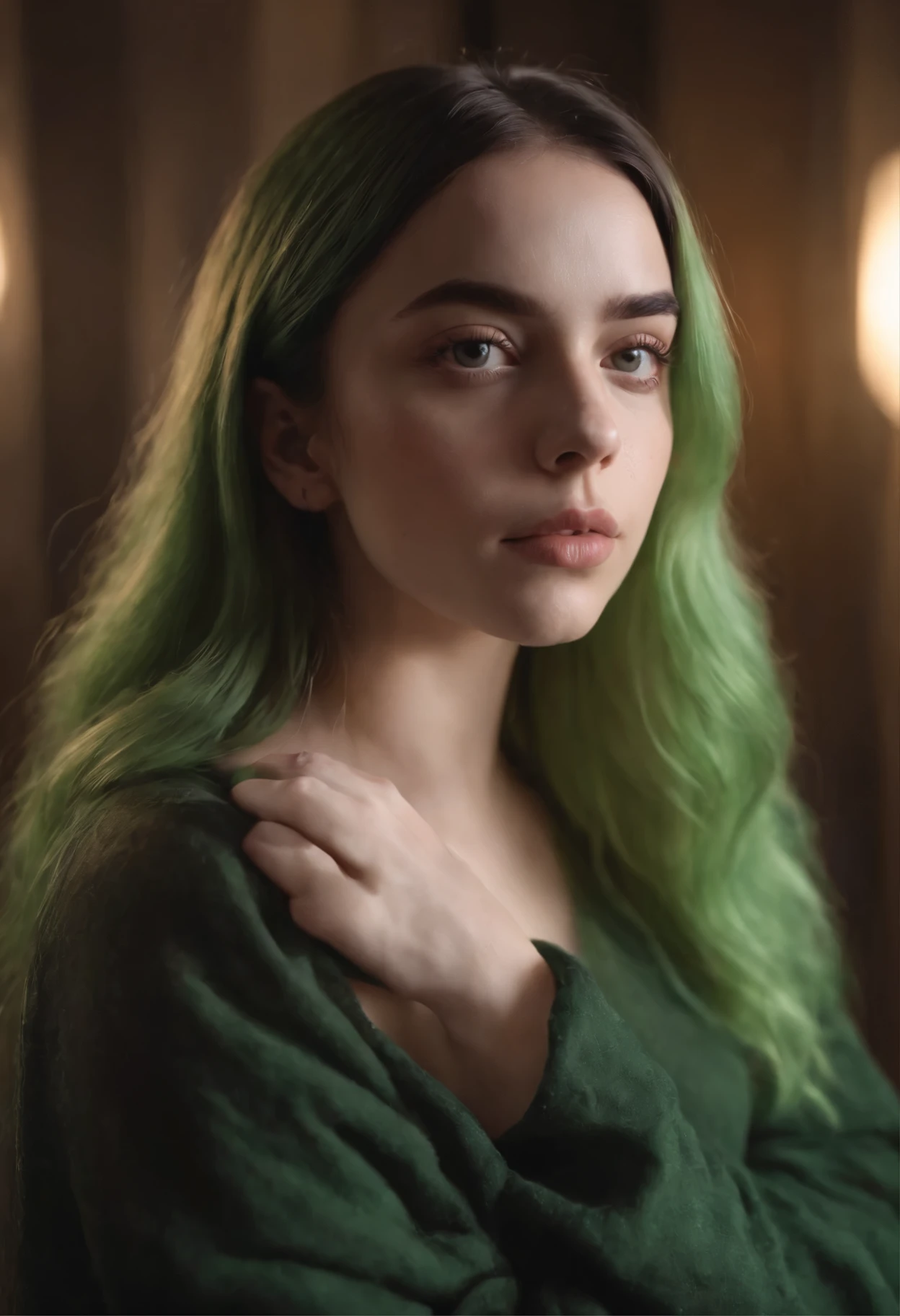 Une belle fille ressemble à Billie Eilish, Silhouette sexy, pose sexy, Warm clothes, cheveux verts et noirs, Beau visage