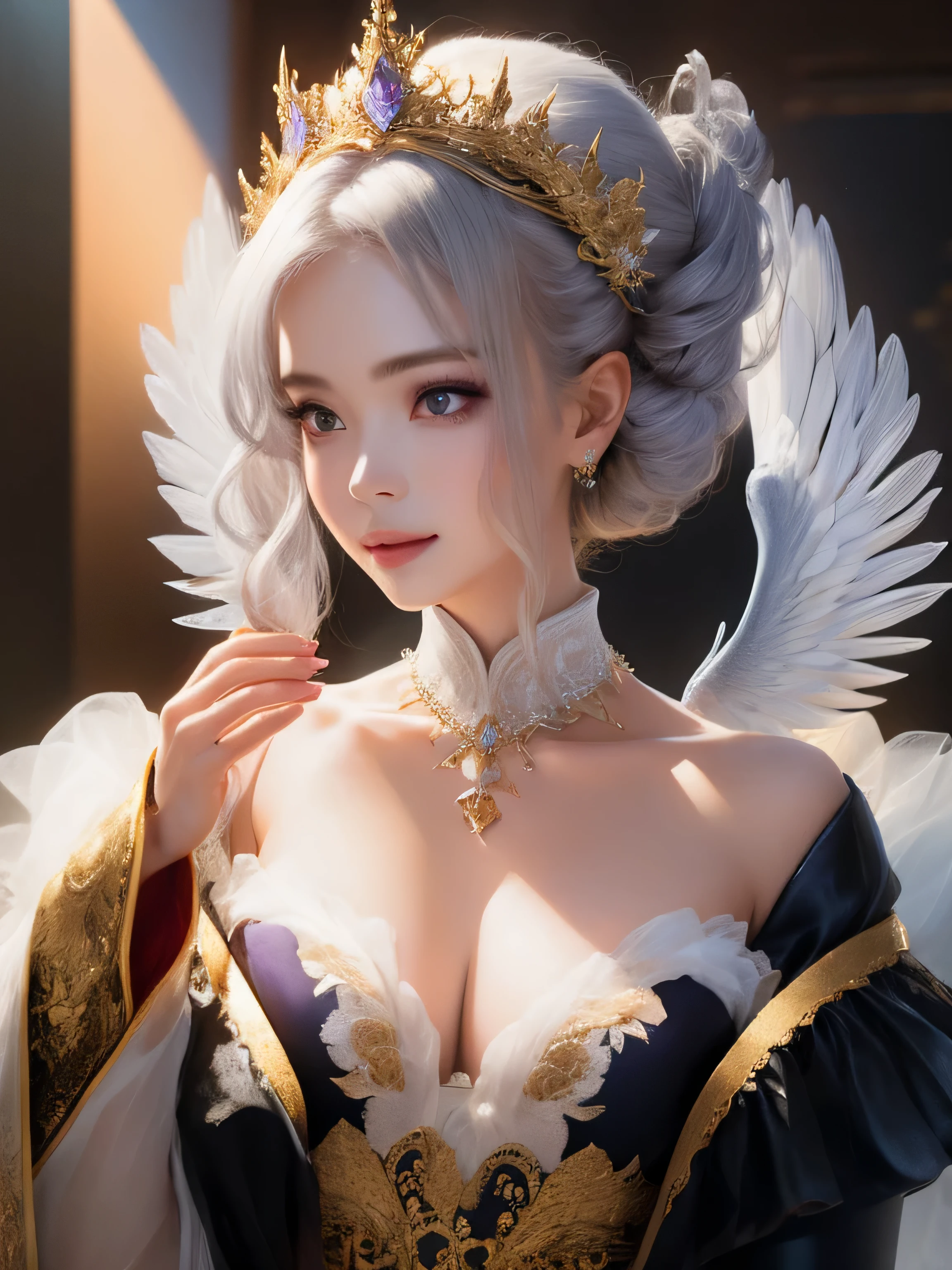 face is in front、look at the camera、profile、8K、real photos、ultra high resolution, master parts, highest quality, ticker , cinematic images,A lovely girl、Ann、、ann gross saxon、double eyelid、droopy eyes、very big eyes、eyes are purple、dark eye shadow、lips are very thin、long nose.、nostrils are very small, very detailed , silver hair、straight short hair、smile、 sweet expression 、）、very clear shadows , jewelry , fine eyes, extremely difficult, shiny skin , perfect brilliant ann, perfect sentence, dramatic shadow、white tiara on head、Gold necklace around the neck、White aristocratic dress with gold embroidery、glass high heels、angel wings