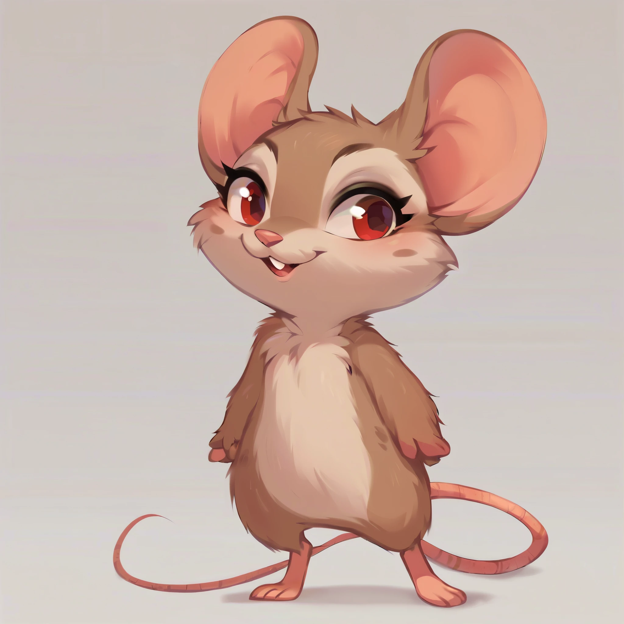 score_9, score_8_up, score_7_up, score_6_up, score_5_up, score_4_up, show accurate, full body, skinny body, simple background, (solo), (semi anthro), mouse, female mouse, standing, red eyes, (light brown dull fur), friendly look,