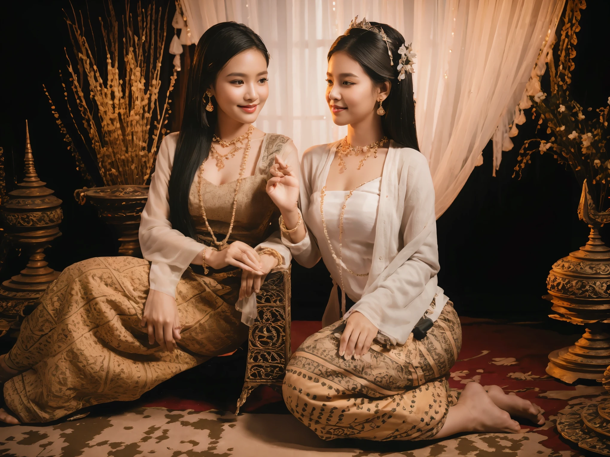 (retro pictures), (Solo),(Lanna), (Burmese girl), (realistic:1.3), Crazy details, quality, (Masterpiece:1.2), (photorealistic:1.2), (best quality), (Fine skin:1.3), (complicated details), Ray Tracing, ((full body)), ((ผู้หญิง 1 person)), (((1 person))), 30 years old, My hair is very long., smile, purple dress, patterned skirt, Contrasting colors between dresses and skirts, skirt pattern, earring, necklace, Javanese jewelry, (blurred background), eye on camera, Breast cleavage, medium sized breast
