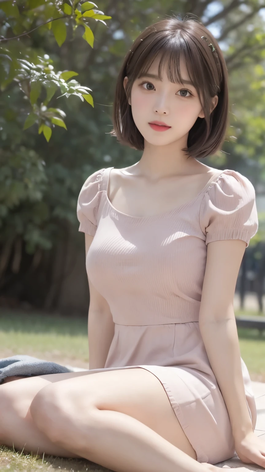 ((masterpiece, highest quality)),1 girl, alone, , barefoot, skirt, sitting, , short sleeve, (teasing, shy, blush: 1.3), looking at the audience, Grass, short hair, gray hair, puff sleeves, outdoor, fluffy short sleeve, bangs, on the ground, full body, , white dress, sunlight, brown eyes, mottled sunlight, daytime,huge breasts,