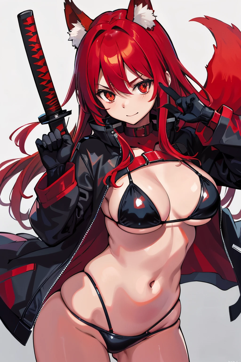 Fox Demon Little Red Lady, Schwarz Bikini, Open red big jacket, Rotes Katana