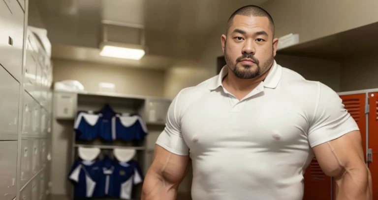 (angry:1.4), (rugby uniform:1.4), (at club locker room:1.4), Japanese man, Chinese man, Korean man, Taiwanese man, manly face, fat face, (round face:1.4), (monolid eyes:1.2), (buzz cut:1.4), very large and strong body, bulky body, beefy muscles, (bulging muscles:1.4), (very large pectoral muscles:1.4), (muscular arms:1.4), muscular abs, muscular legs, muscular back, brightens oily skin, master piece, (realistic:1.4), panorama, distant view
