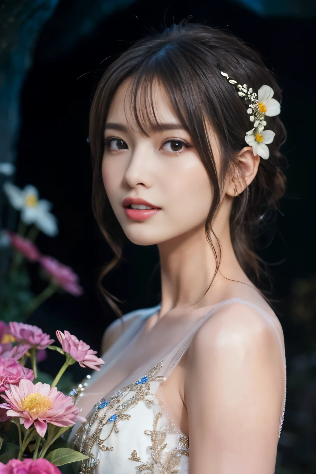 ((table top:1.4, highest quality)), (realistic pictures:1.4), 
((1 girl)), (Pure actress), (dream-like),
(超High resolution:1.2), very delicate and beautiful, wonderful, Highly detailed CG Unity 8K wallpaper, Super detailed, High resolution, 
soft light, beautiful detailed girl, highly detailed eyes and face, beautifully detailed nose, beautiful and detailed eyes, 
(wear a gorgeous glitter dress:1.3), 
cinematic lighting, perfect anatomy, slender body, (parted bangs),
(Flower garden blooming in a cave:1.3), (Flowers blooming all over in the darkness々the brilliance of:1.5), (Light and dark emphasis), (fantastic beauty),
cowboy shot, looking at the viewer, (smile)
