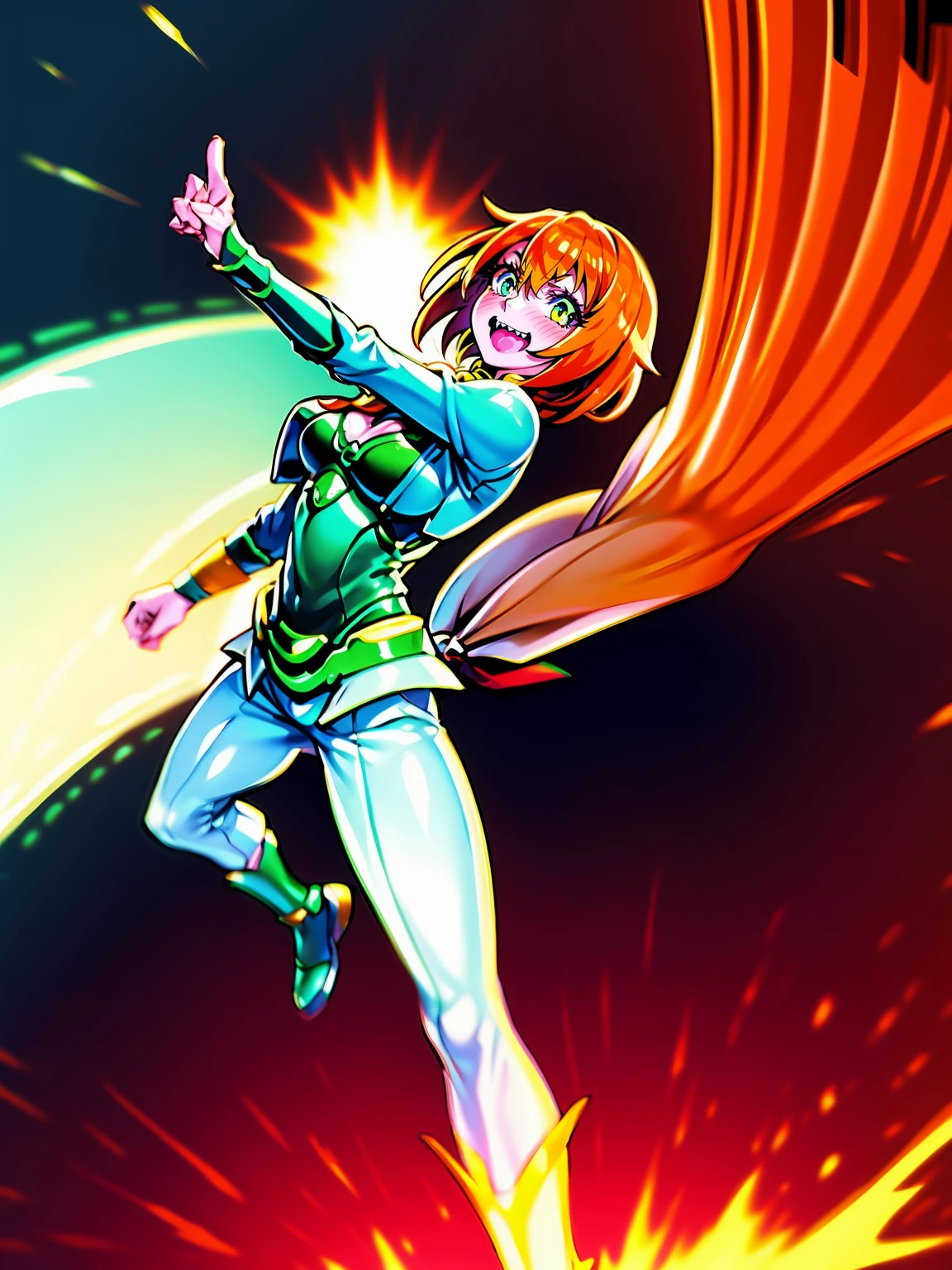 excel, orange hair, smile, fang, open mouth, green eyes,standing, medium breast, pants, pullover, , full body,knight pullover,, fantasy cyberpunk city magic, martial arts, martial pose, entire body, full body, posing, refsheet, full body,