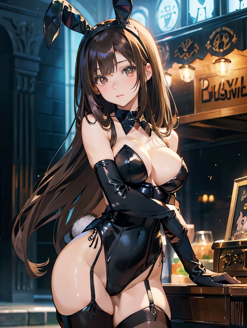 Best Quality, masutepiece, beautiful mature women、Beautiful face、Strong-minded woman、(brown haired、Bangs are asymmetrical)、(Brown-eyed)、Longhaire、Undersized eyes、(((Playboy Bunny Girl、rabbitears、Black stockings、gloves)))、Full body like、nightclubs、Provocative face