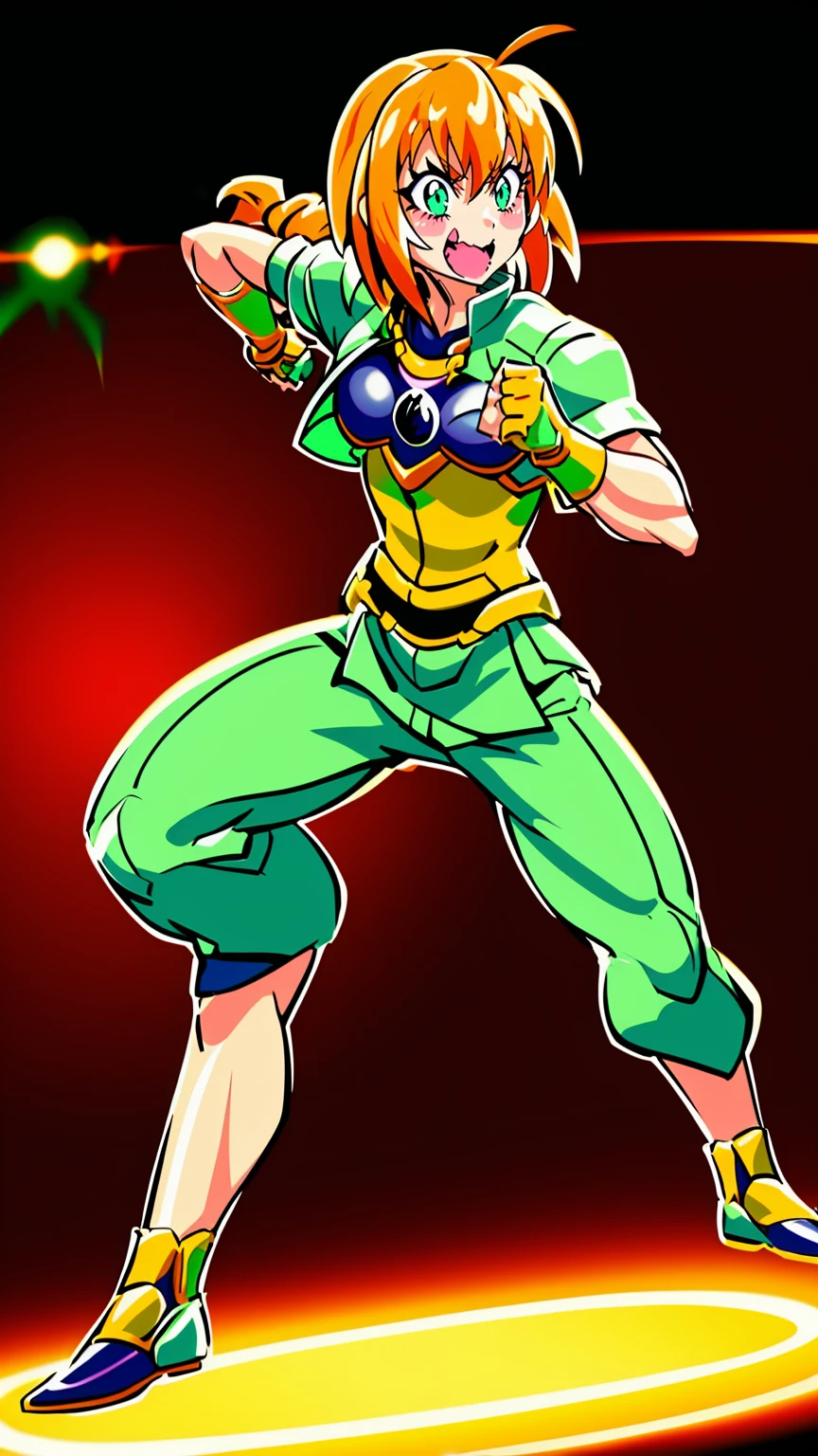 excel, orange hair, smile, fang, open mouth, green eyes,standing, medium breast, pants, pullover, , full body,knight pullover,, fantasy cyberpunk city magic, martial arts, martial pose, entire body, full body, posing, refsheet, full body,