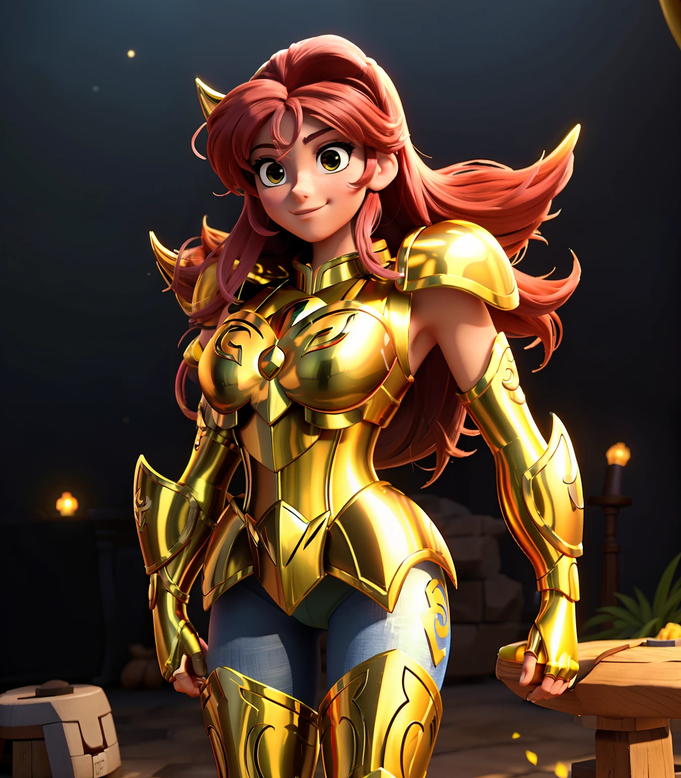 Mujer arafed vestida de rojo y dorado parada en un banco de madera, caballeros de la chica del zodiaco, portrait caballeros de la chica del zodiaco, unreal engine render Saint Seiya, diosa 3d minerva, Saint Seiya, cushart krenz arte clave femenino, en armadura de pez dorado, arte de anime digital detallado, chica armadura, Arte oficial de renderizado 3D., armadura dorada