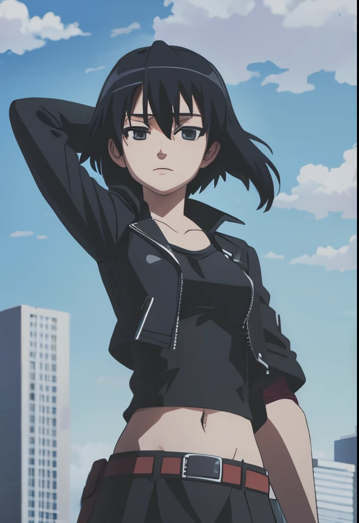 agkkurome, kurome, short hair, black hair, black eyes, hair between eyes, arms up
BREAK skirt, belt, black skirt, leather jacket, zipped, tank top under jacket, midriff
BREAK outdoors, city, sky, clouds, wind blowing
BREAK looking at viewer, cowboy shot
BREAK masterpiece best quality, high resolution, beautiful detailed eyes, extremely detailed face, perfect lighting, extremely detailed CG, perfect hands, perfect anatomy