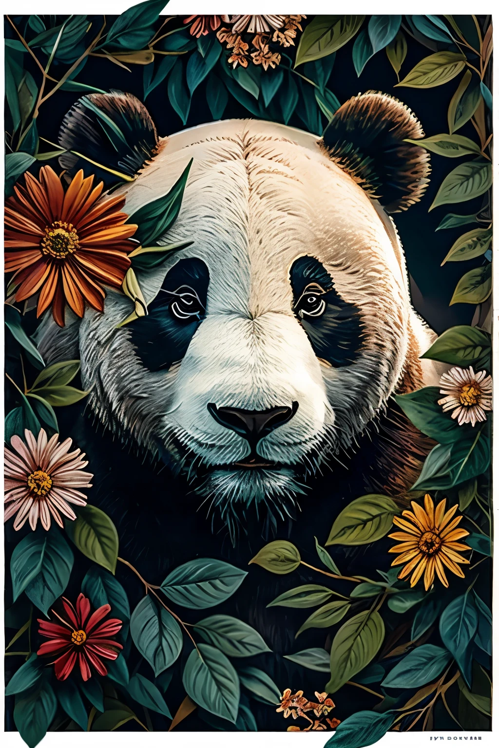 contemporary art collage, panda head, front，With flowers and leaves, some smart insects, painted, super detailed, full color, bright colors, 8K, actual 