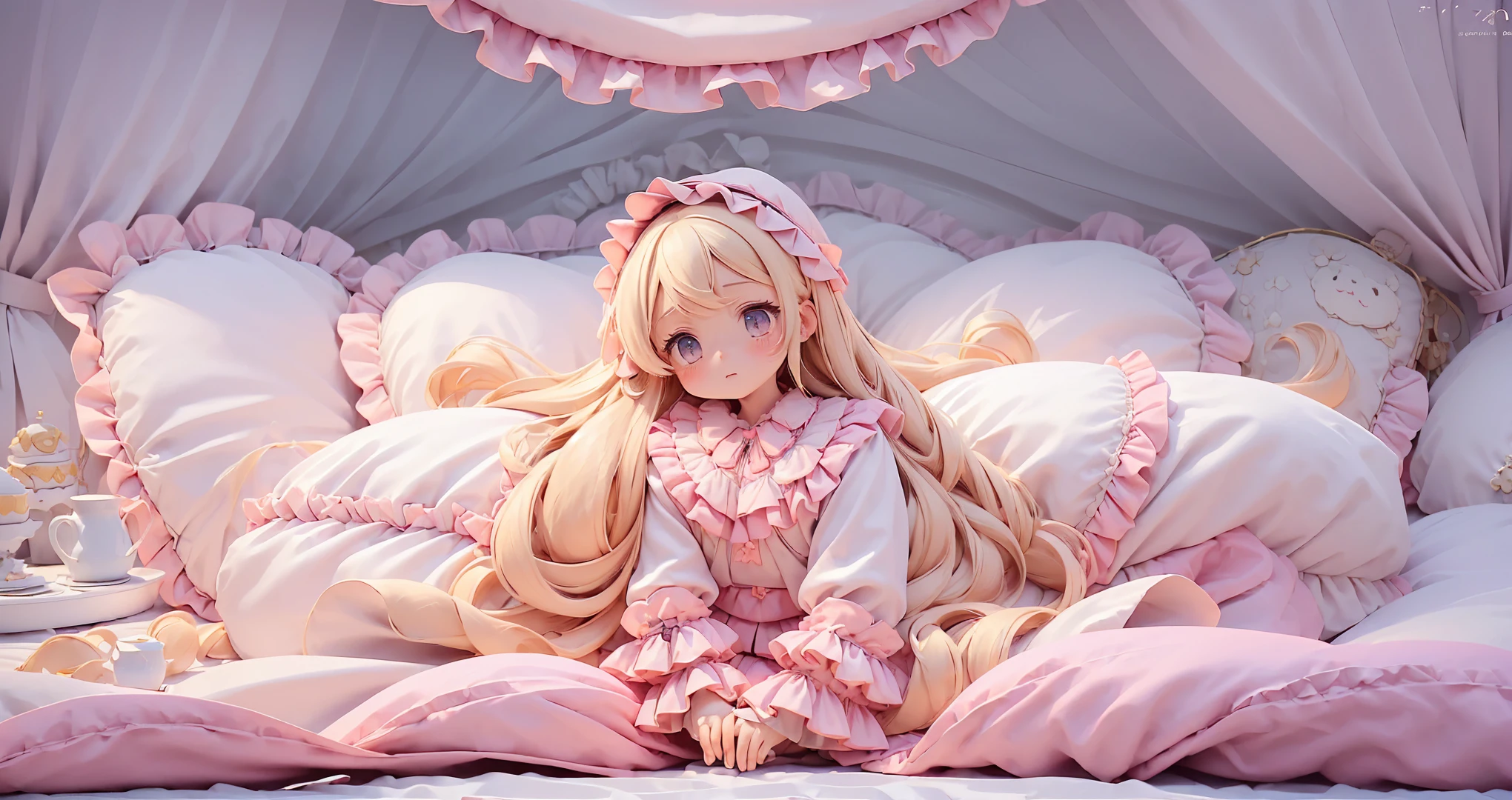 ,highest quality, masterpiece, highest resolution, artwork, super それにget used to it, many get used to it, get used to it, それにget used to it, 3K anime illustration,(( 10 year old girl)),Super detailed baby face,high quality small face,blue eyes,白い肌のeuropean,pajamas, european,(((super long blonde hair))),curly hair,blue eyes,((((ピンクのロリータファッションのlong skirtのワンピースドレス)))),((Pink nightgown with lots of frills and ribbons),((Luxurious nightcap with frills and ribbons)),detailed headdress,,(((big yoke collar))),Yoke collar with ruffles and ribbons,((((long sleeve)))),ruffle sleeves,((((long skirt)))),white ruffle and lace socks,large frill and ribbon pillow,(((Nice pink outfit))),豪華なcanopy bedの上,canopy bed,The bed is surrounded by luxurious curtains,many frilly pillows on the bed,There are many frilly pillows behind the girl.,super detailed background,detailed bed,soft pink comforter,Highly detailed soft ruffle pillow,Beautiful girl illustration,detailed beautiful face,thin hair,detailed eye ,detailed eyes,detailed mouth, arm details,fine hands,Detailed pillow,wide bed,Illustration on the bed, ,((((round futon)))),((((A large ruffled futon that covers the entire bed)))),detailed comforter,detailed bedシーツ,Before bedtime,romantic atmosphere,palace bedroom,((((The lower half of the body is hidden under the futon and the puffy skirt........)))) The girl is leaning on a pile of pillows, ,((((round futon)))),((((A large ruffled futon that covers the entire bed)))),((((not wearing shoes)))),