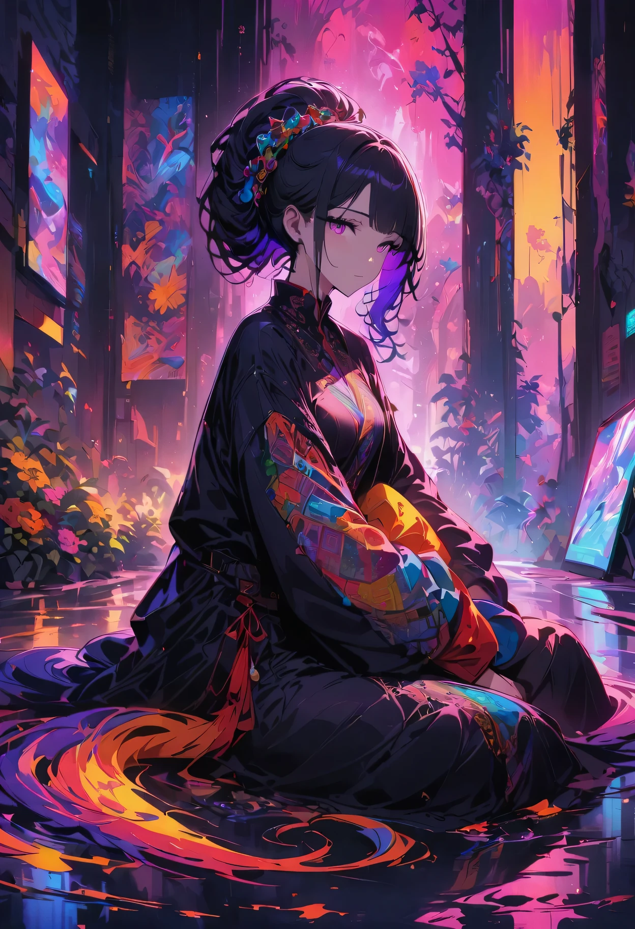 (Ridiculous, high resolution, Super detailed), (1 girl:1.3), Double tail, purple hair, rest , glitch art, digital distortion, pixelated clip, Data corruption, color noise, visual clutter, contemporary aesthetics rest , Enamel Art, glassy surface, bright colors, glossy finish, Reflective texture, Rich in pigments, fluid forms rest , ethnic style, traditional clothing, Vibrant patterns, handmade textiles, cultural theme, beaded jewelry, handmade accessories