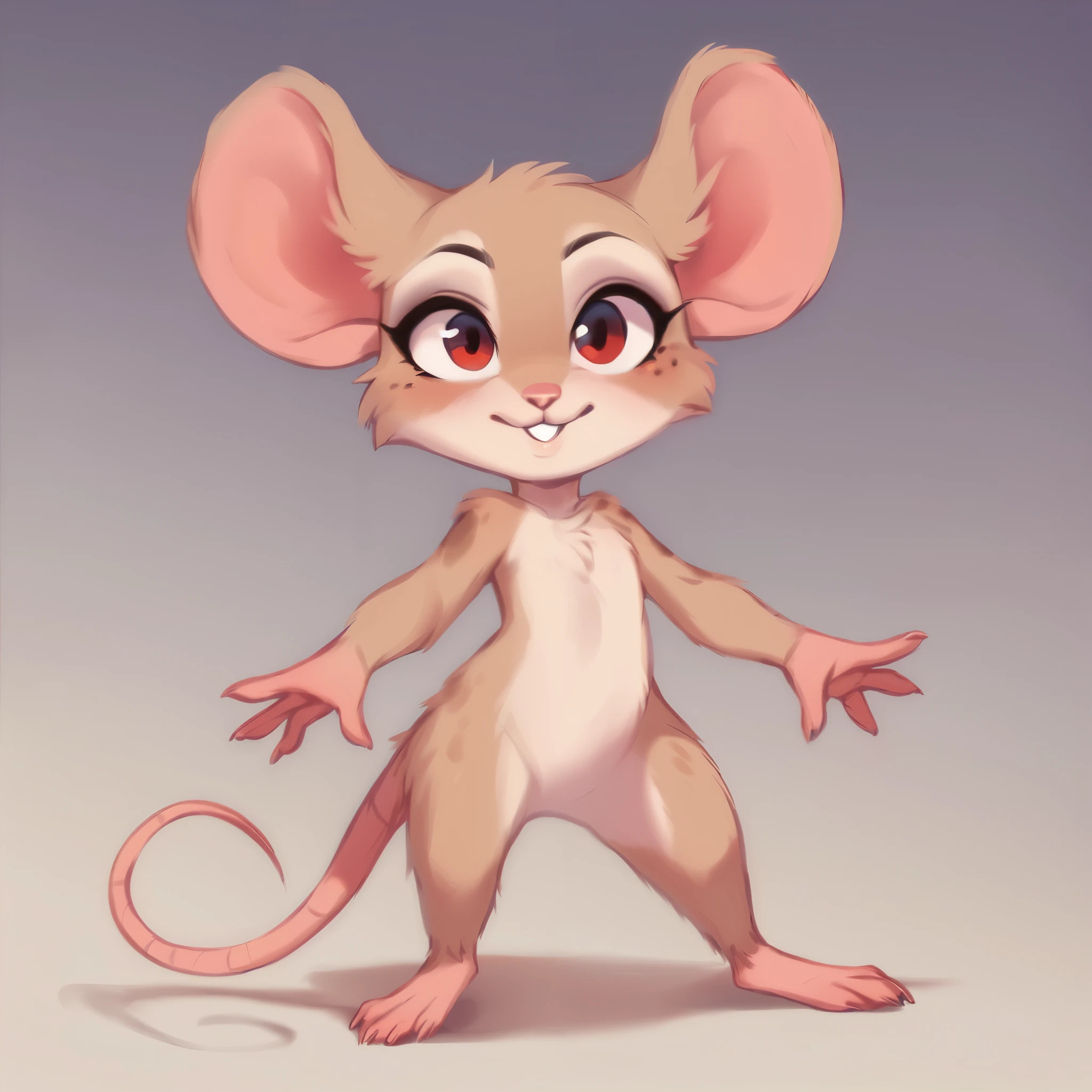 score_9, score_8_up, score_7_up, score_6_up, score_5_up, score_4_up, show accurate, full body, skinny body, simple background, (solo), (semi anthro), mouse, female mouse, standing, red eyes, (light brown dull fur), friendly look, bald and pink hand, four fingers, bald and pink feet, 