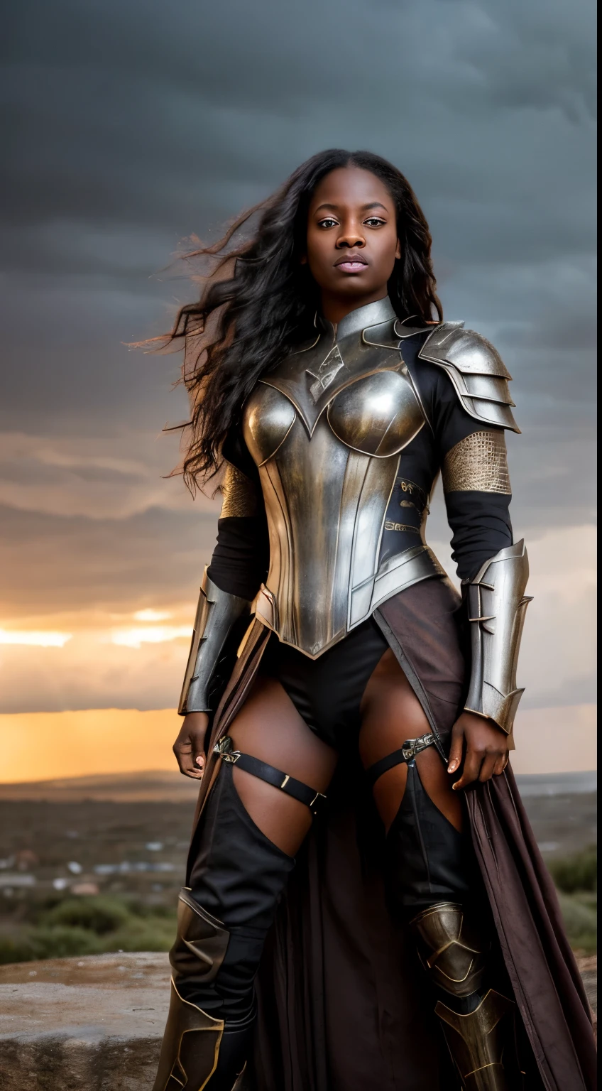 (best quality,4k,highres,masterpiece:1.2),ultra-detailed,realistic:1.37,portrait,beautiful dark-skinned woman, Lady Storm,long curly hair flowing in the wind, strong and confident,mysterious aura,love surrounds her,ready for battle,fierce and determined expression,armor accentuates her curves,shiny metallic armor,sparkling in the sunlight,armor engraved with intricate patterns,weathered and battle-worn armor,leather straps and buckles secure the armor,powerful stance,holding a sharp sword,ready to defend herself and her loved ones,magical powers emanating from her hands,storm clouds gathering in the sky,dark and dramatic background,stormy atmosphere,lightning striking in the distance,eerie yet beautiful landscape,rich and vibrant colors,contrasting shadows and highlights,subtle color grading,soft and warm color tones,dramatic lighting,illuminating her face and armor,creating a sense of depth and dimension,ensuring every detail is perfectly rendered,painting-like texture,an epic masterpiece that captures her strength and beauty.