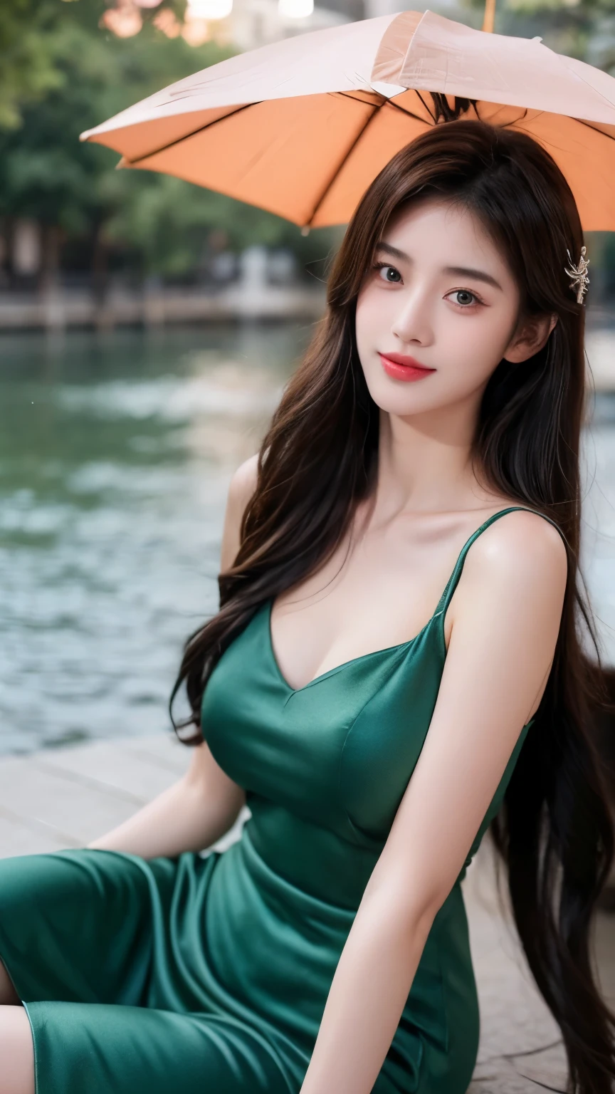 (lifelike,High resolution:1.3), full body photography,Smile,A slim girl, The face shape and eyes are super delicate,black hair,The lips are rosy and shiny,(pretty face), (best quality), (super detailed), (Extremely detailed CG unified 8K wallpaper),Full body photography,green dress,(model photos),Beautiful detailed eyes,(eternal),Eyes look at the audience,big breasts:2.0,character-centered,