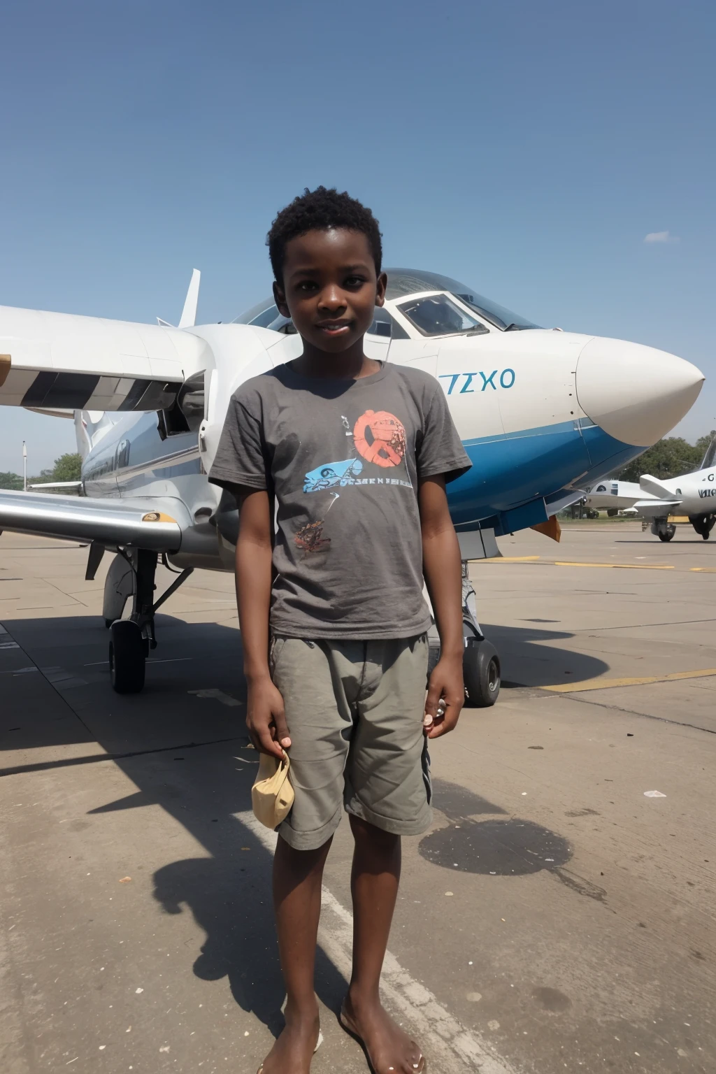 Black African boy makes a plane with recycled plastic. boy next to plastic airplane. africa