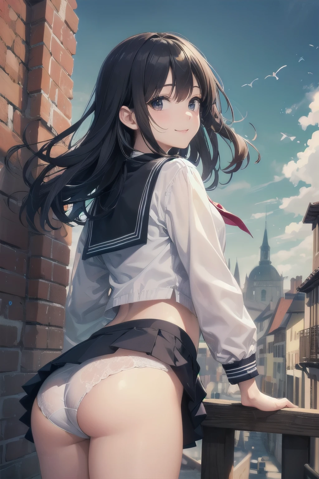 very cute and beautiful girl,(very detailed美しい顔),
(smile),serafuku,navy blue pleated mini skirt,
(think back,from behind),leaning forward,from below,(white panties),
(Town overview),many european houses with red roofs,detailed landscape,
black hair,looking at the viewer,
(highest quality,masterpiece:1.2),disorganized,High resolution,Super detailed,very detailed,32k,8K resolution,
intricate details,movie scene,detailed background,alone,dynamic angle,
hair blowing in the wind,beautiful detailed sky,