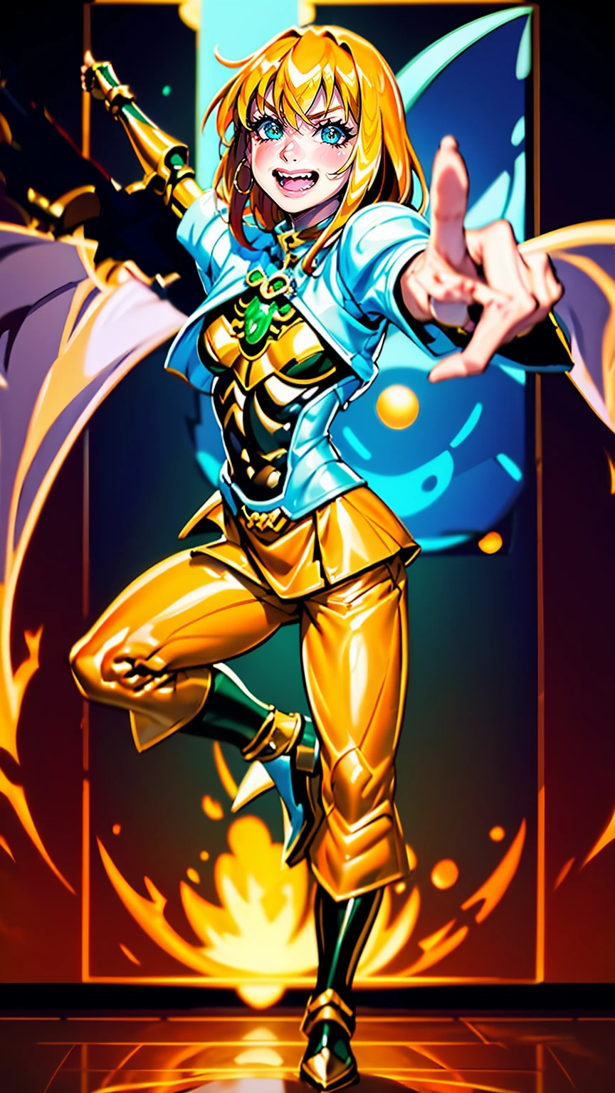 excel, orange hair, smile, fang, open mouth, green eyes,standing, medium breast, pants, pullover, , full body,knight pullover,, fantasy cyberpunk city magic, martial arts, martial pose, entire body, full body, posing, refsheet, full body,