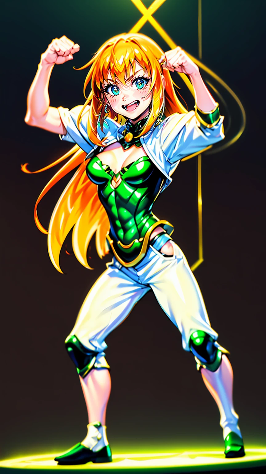 excel, orange hair, smile, fang, open mouth, green eyes,standing, medium breast, pants, pullover, , full body,knight pullover,, fantasy cyberpunk city magic, martial arts, martial pose, entire body, full body, posing, refsheet, full body,