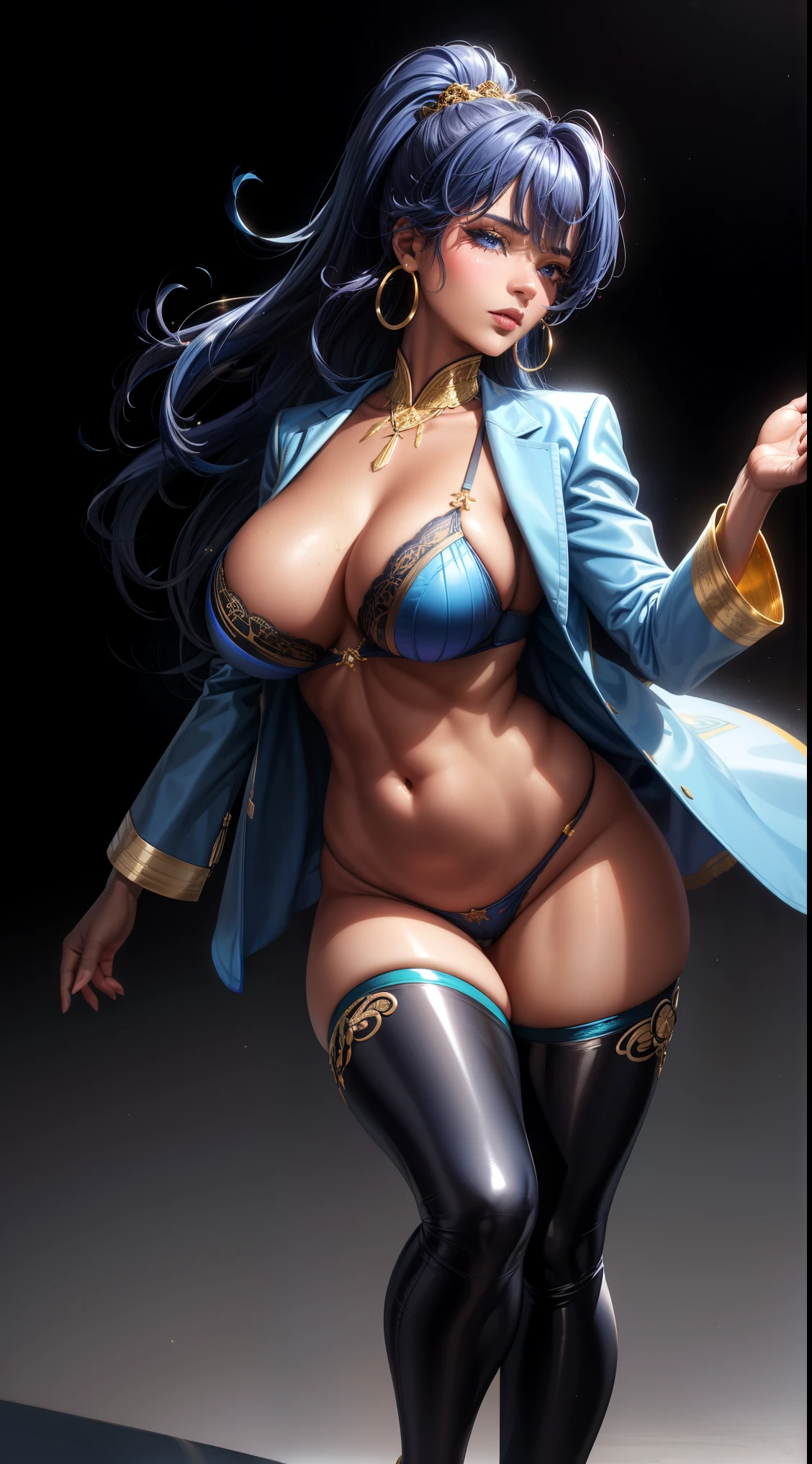 (best quality:1.5, highres, UHD, 4K, detailed lighting, shaders), best quality eyes, perfect hands, perfect finger, blue floral haired, gradient hair, big breasts, blue bra, big thighs, big butt, blue jacket, blue long pants, mature woman , (pov), black background, colorful eyeshadow, dramatic lighting, sparkling eyes, sensual expression, golden earrings, flowing hair, delicate facial features, dark skin, high cheekbones, urban setting, full body, black background, dont look for the camera, lean forward, behind the camera