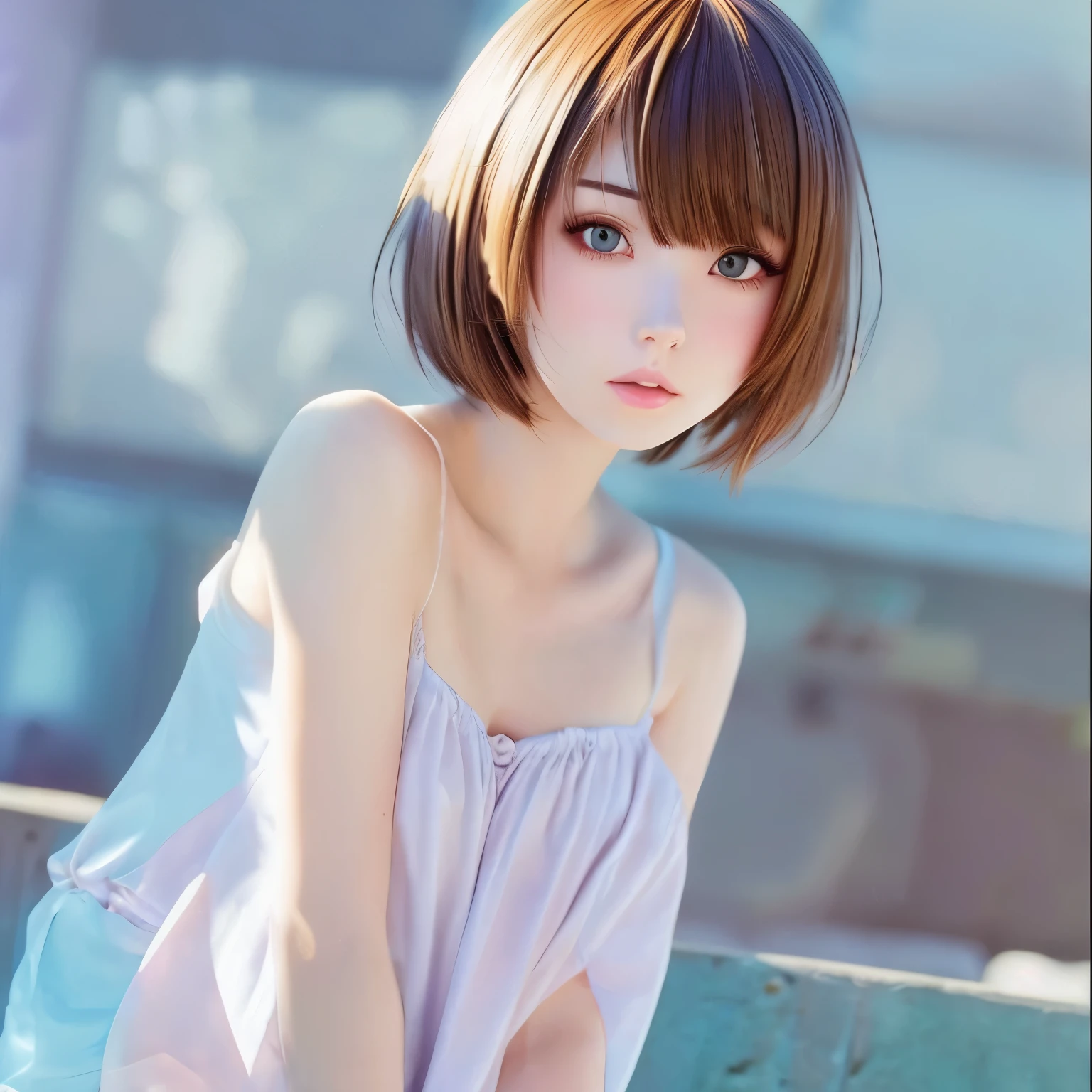 Anime styled girl with pretty cute beautiful and fair skin face and body short hair