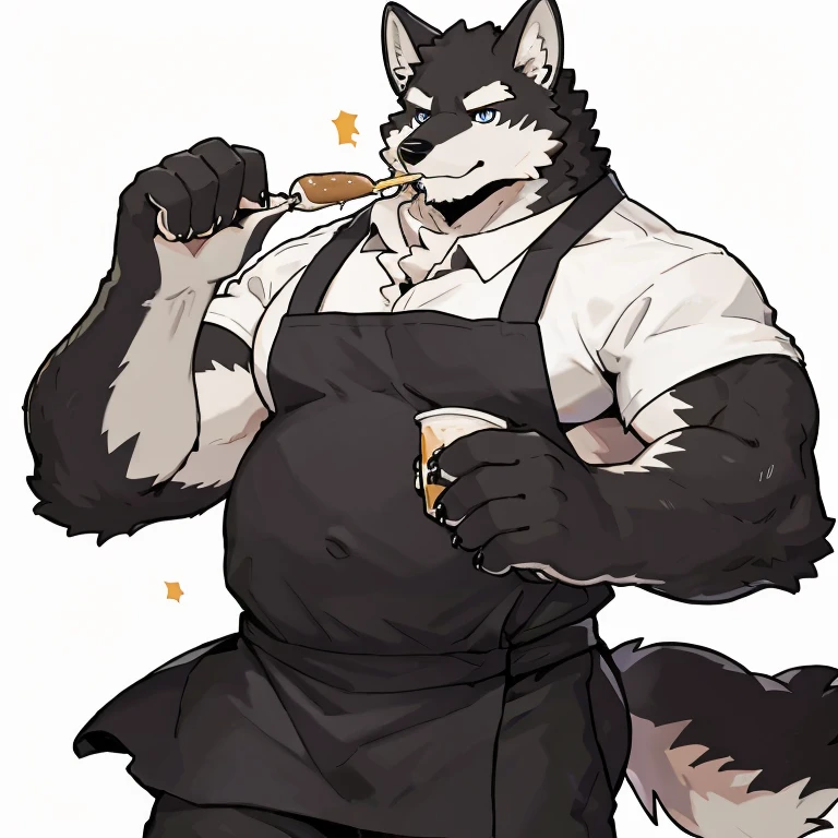 1 boy, solo, anthropology, wolf, hairy, black and white fur, A place where people congregate Sparkling blue eyes, Big pink‚ with big abs‚fat belly, handsome, apron, black pant, white shirt, eating i-cream, high quality, super detail, 1080P, high quality, high quality, best quality, 8k, super detail, 16k, white background