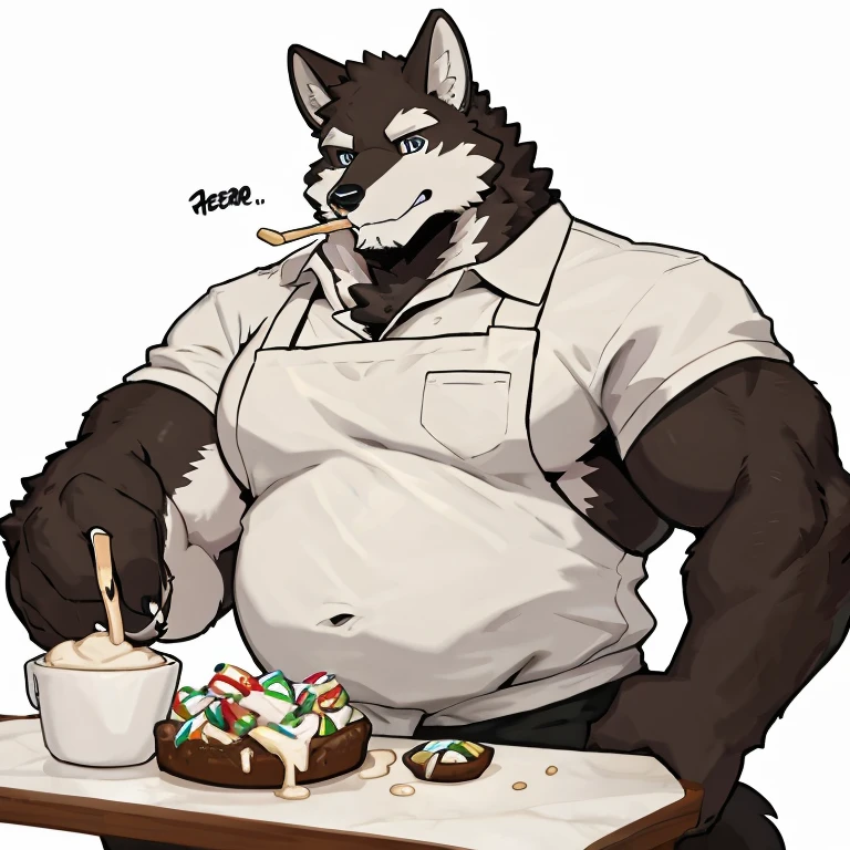 1 boy, solo, anthropology, wolf, hairy, black and white fur, A place where people congregate Sparkling blue eyes, Big pink‚ with big abs‚fat belly, handsome, apron, black pant, white shirt, eating i-cream, high quality, super detail, 1080P, high quality, high quality, best quality, 8k, super detail, 16k, white background