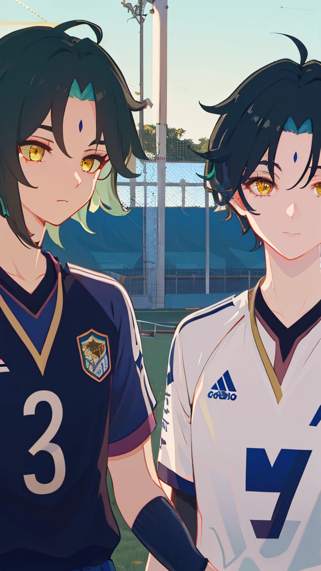 2 boys,dark green hair,highest quality,masterpiece,excessive,male focus,yellow eyes,beautiful eyes,beautiful boy,School,between men,Spouse,soccer club members,Blue soccer uniform,soccer,high school,soccer uniform,blue clothes,soccer court,teammate,same clothes,shoulder to shoulder,feminine,good friend,best image quality,