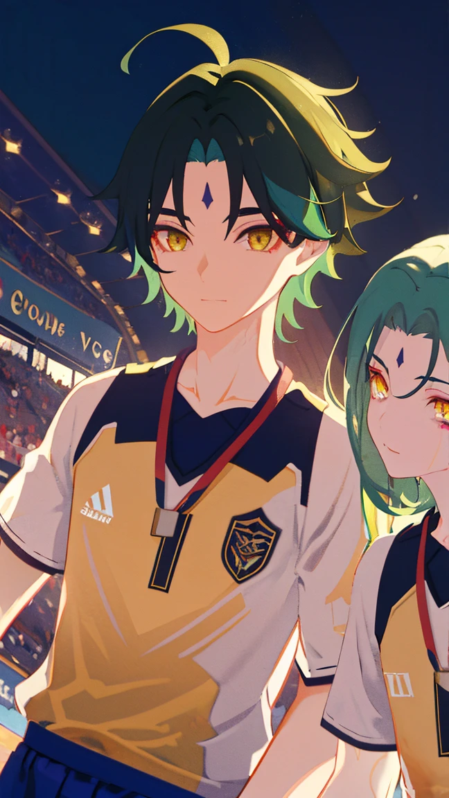 2 boys,dark green hair,highest quality,masterpiece,excessive,male focus,yellow eyes,beautiful eyes,beautiful boy,School,between men,Spouse,soccer club members,Blue soccer uniform,soccer,high school,soccer uniform,blue clothes,soccer court,teammate,same clothes,shoulder to shoulder,feminine,good friend,best image quality,