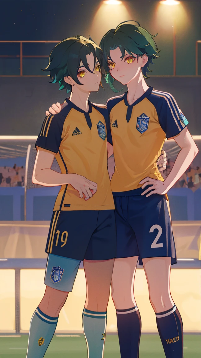 2 boys,dark green hair,highest quality,masterpiece,excessive,male focus,yellow eyes,beautiful eyes,beautiful boy,School,between men,Spouse,soccer club members,Blue soccer uniform,soccer,high school,soccer uniform,blue clothes,soccer court,teammate,same clothes,shoulder to shoulder,feminine,good friend,best image quality,