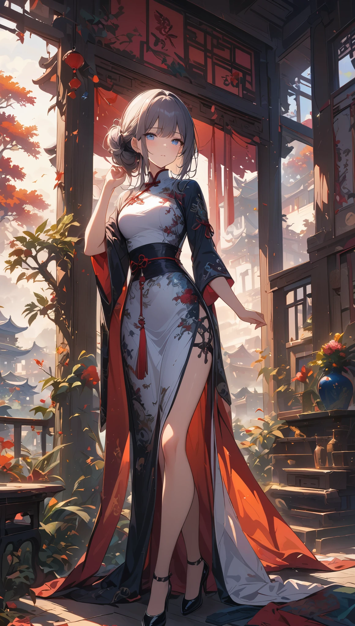 a girl, Chinese clothing, whole body, Sunlight, Clear face, clean white background, masterpiece, Super details, epic work, ultra high definition, high quality, Very detailed, official art, 8k wallpaper, Super details, 32k