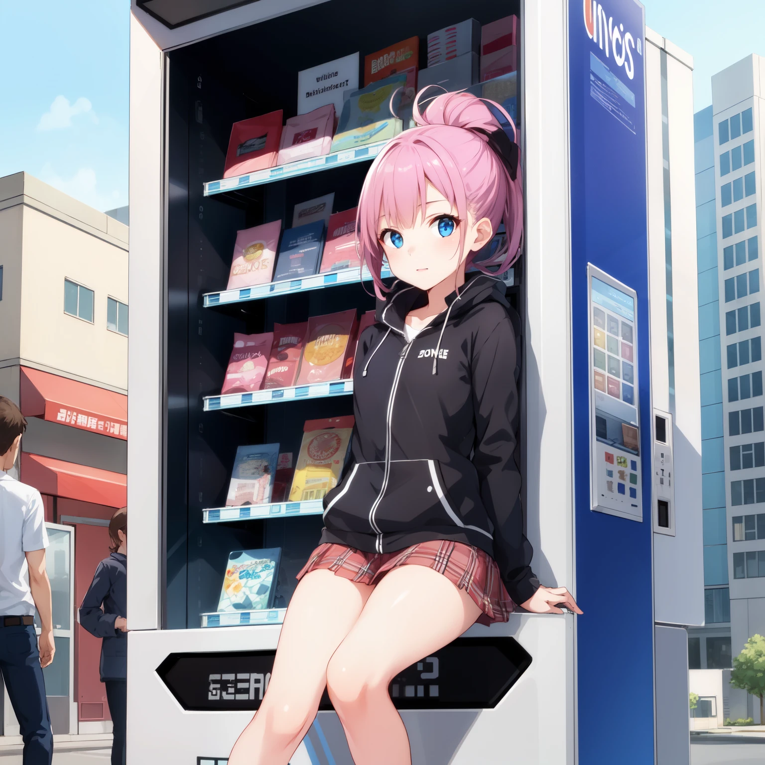 girl sitting on top of a vending machine