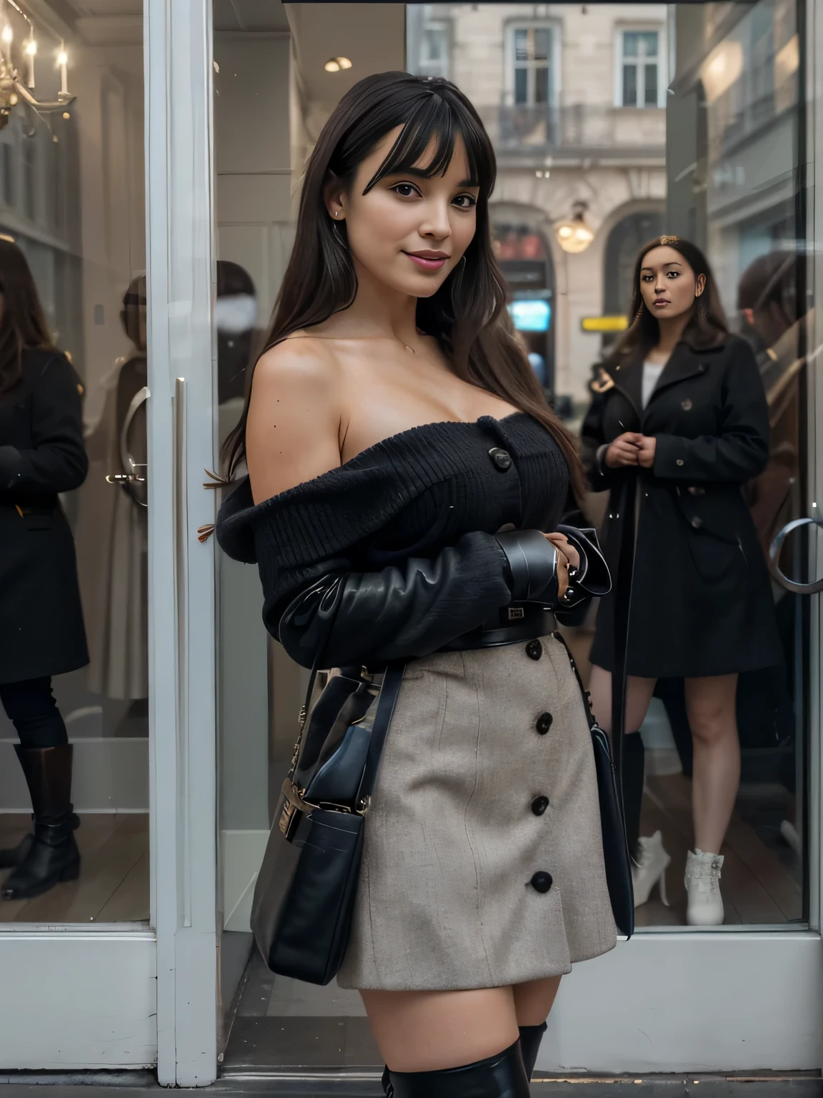 a young woman posing for a picture, long brunette heir , arabic goddess, traditional beauty, arabic, beautiful goddess, middle eastern girl, arabic super model, beautiful, gorgeous woman, middle eastern with long, sweet shy arabic, gorgeous beautiful woman, Arabian aesthetic, beautiful middle eastern girl, extremely detailed goddess shot, jaw-dropping beauty, big boobs deep cleavage, , full height, wearing heels, wearing fashionable cozy winter clothing dress with thigh boots, multiple layers of clothes, walking in front of wall street, beautiful rich view wall street bull horizon, wearing winter clothing, romantic fur coat , spreading her legs, FUR hat on her head, long legs, perfect hour glass body,