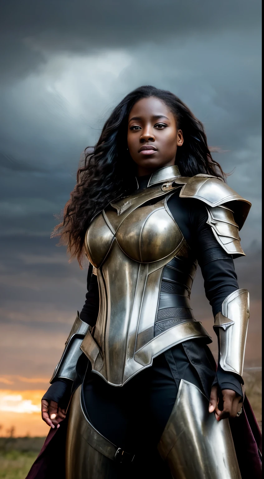 (best quality,4k,highres,masterpiece:1.2),ultra-detailed,realistic:1.37,portrait,beautiful dark-skinned woman, Lady Storm,long curly hair flowing in the wind, strong and confident,mysterious aura,love surrounds her,ready for battle,fierce and determined expression,armor accentuates her curves,shiny metallic armor,sparkling in the sunlight,armor engraved with intricate patterns,weathered and battle-worn armor,leather straps and buckles secure the armor,powerful stance,holding a sharp sword,ready to defend herself and her loved ones,magical powers emanating from her hands,storm clouds gathering in the sky,dark and dramatic background,stormy atmosphere,lightning striking in the distance,eerie yet beautiful landscape,rich and vibrant colors,contrasting shadows and highlights,subtle color grading,soft and warm color tones,dramatic lighting,illuminating her face and armor,creating a sense of depth and dimension,ensuring every detail is perfectly rendered,painting-like texture,an epic masterpiece that captures her strength and beauty.