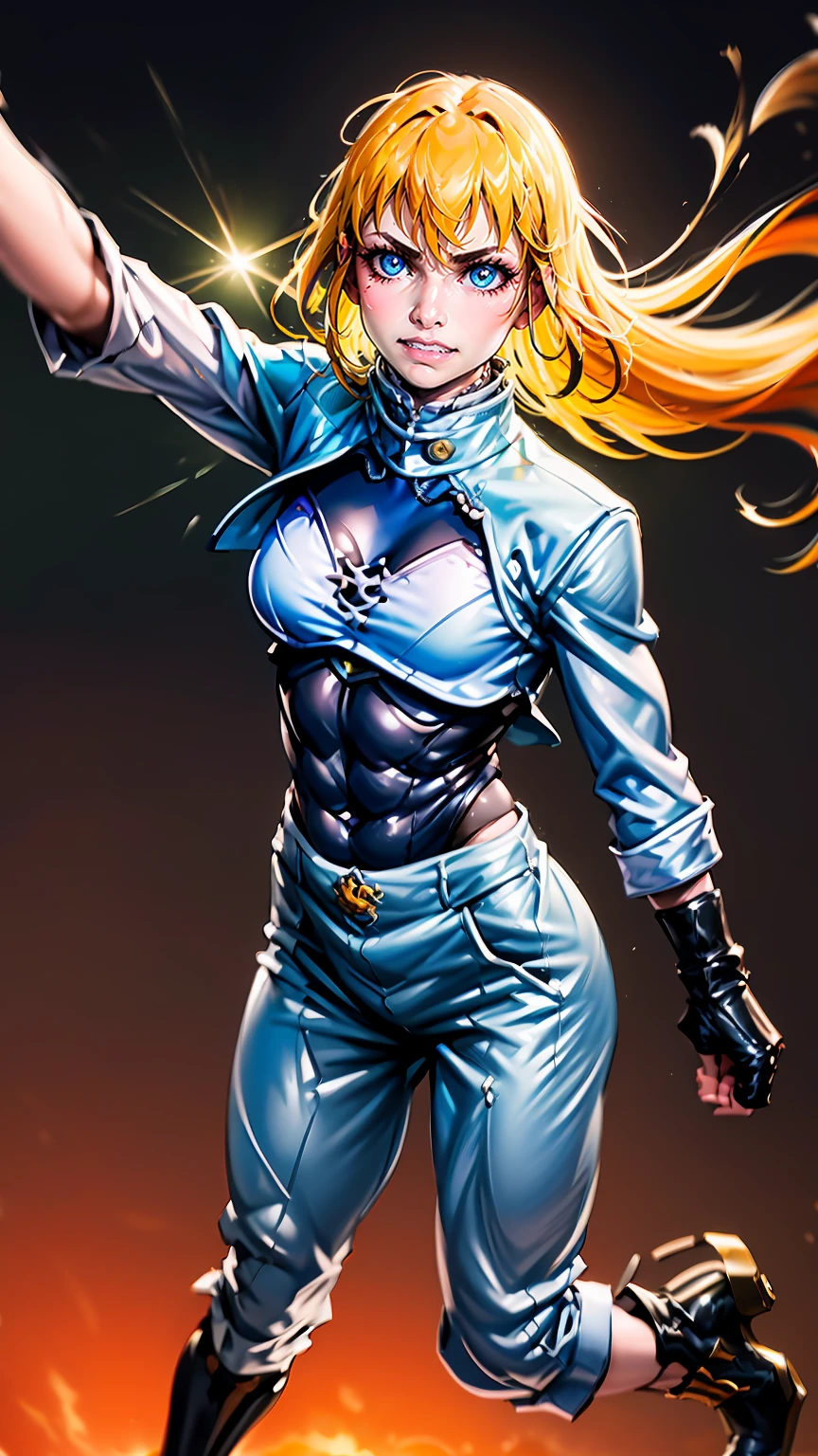 excel, orange hair, smile, fang, open mouth, green eyes,standing, medium breast, pants, pullover, , full body,knight pullover,, fantasy cyberpunk city magic, martial arts, martial pose, entire body, full body, posing, refsheet, full body,, pullover,